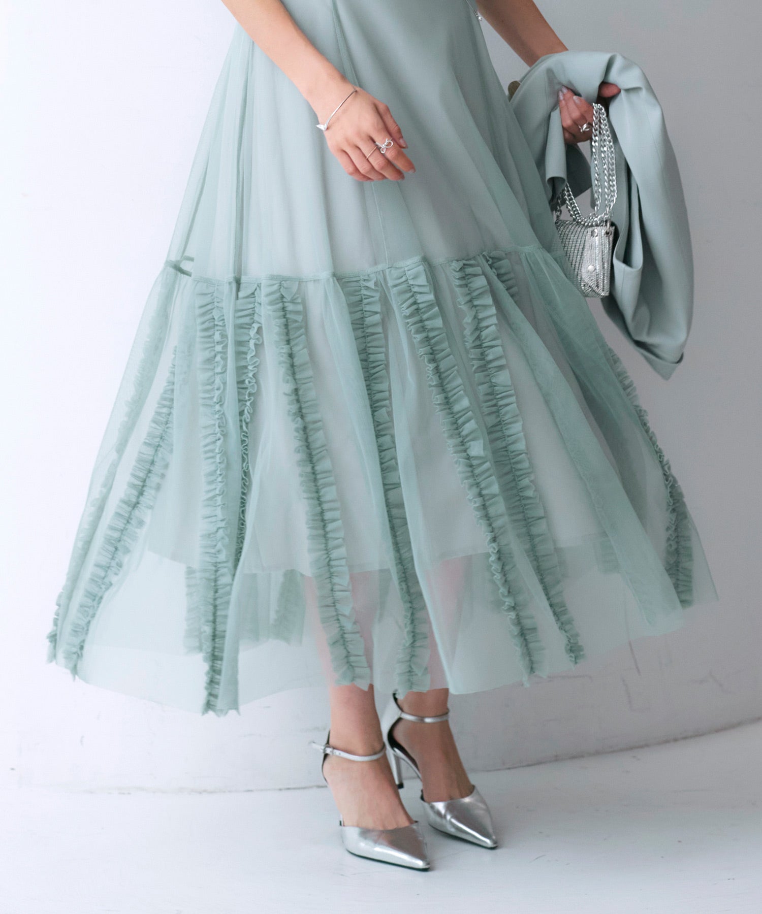 ルイルエブティック RUIRUE BOUTIQUE オケージョンドレス 結婚式 ストレッチ ｜ ジャケット ＆ チュール フリル ワンピース セット ｜ 二次会 披露宴 美脚 ワンピース オケージョン お呼ばれ パーティードレス （チャコール） チャコール