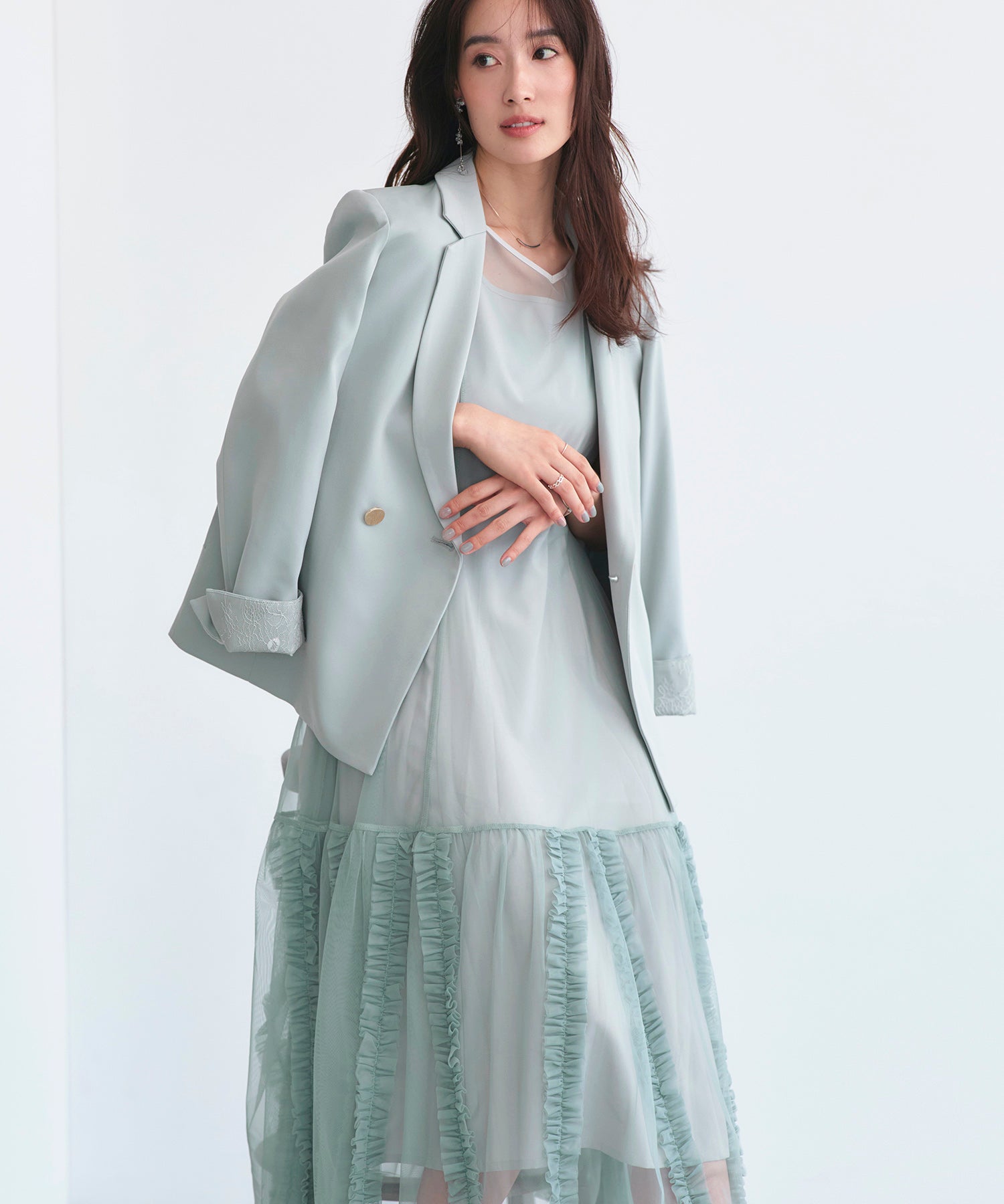 ルイルエブティック RUIRUE BOUTIQUE オケージョンドレス 結婚式 ストレッチ ｜ ジャケット ＆ チュール フリル ワンピース セット ｜ 二次会 披露宴 美脚 ワンピース オケージョン お呼ばれ パーティードレス （ブルーグレー） ブルーグレー