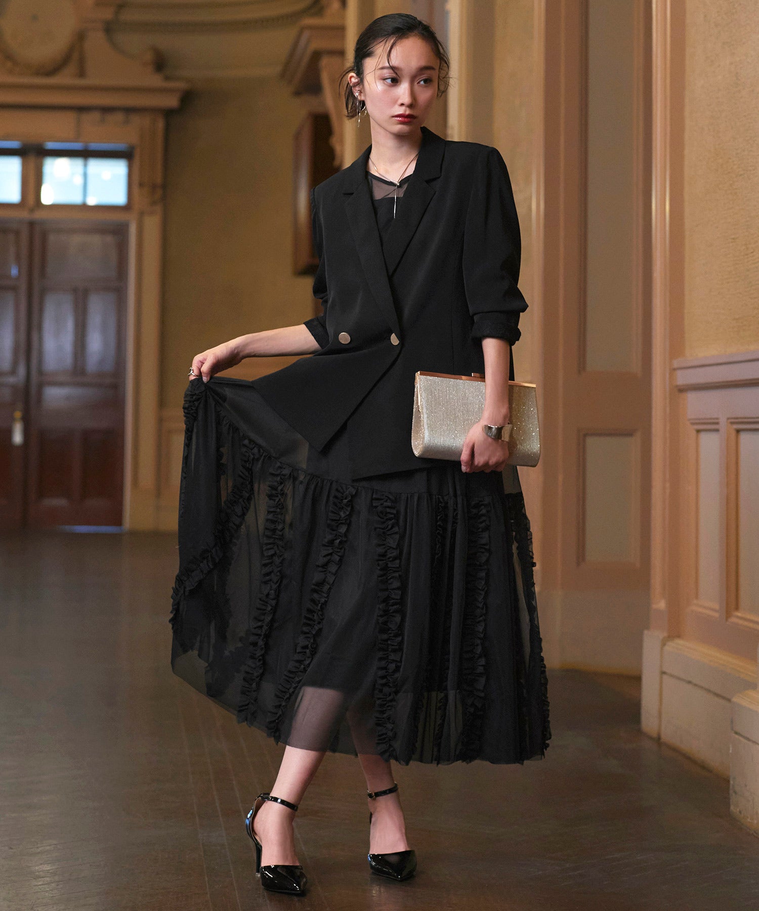 ルイルエブティック RUIRUE BOUTIQUE オケージョンドレス 結婚式 ストレッチ ｜ ジャケット ＆ チュール フリル ワンピース セット ｜ 二次会 披露宴 美脚 ワンピース オケージョン お呼ばれ パーティードレス （ブラック） ブラック