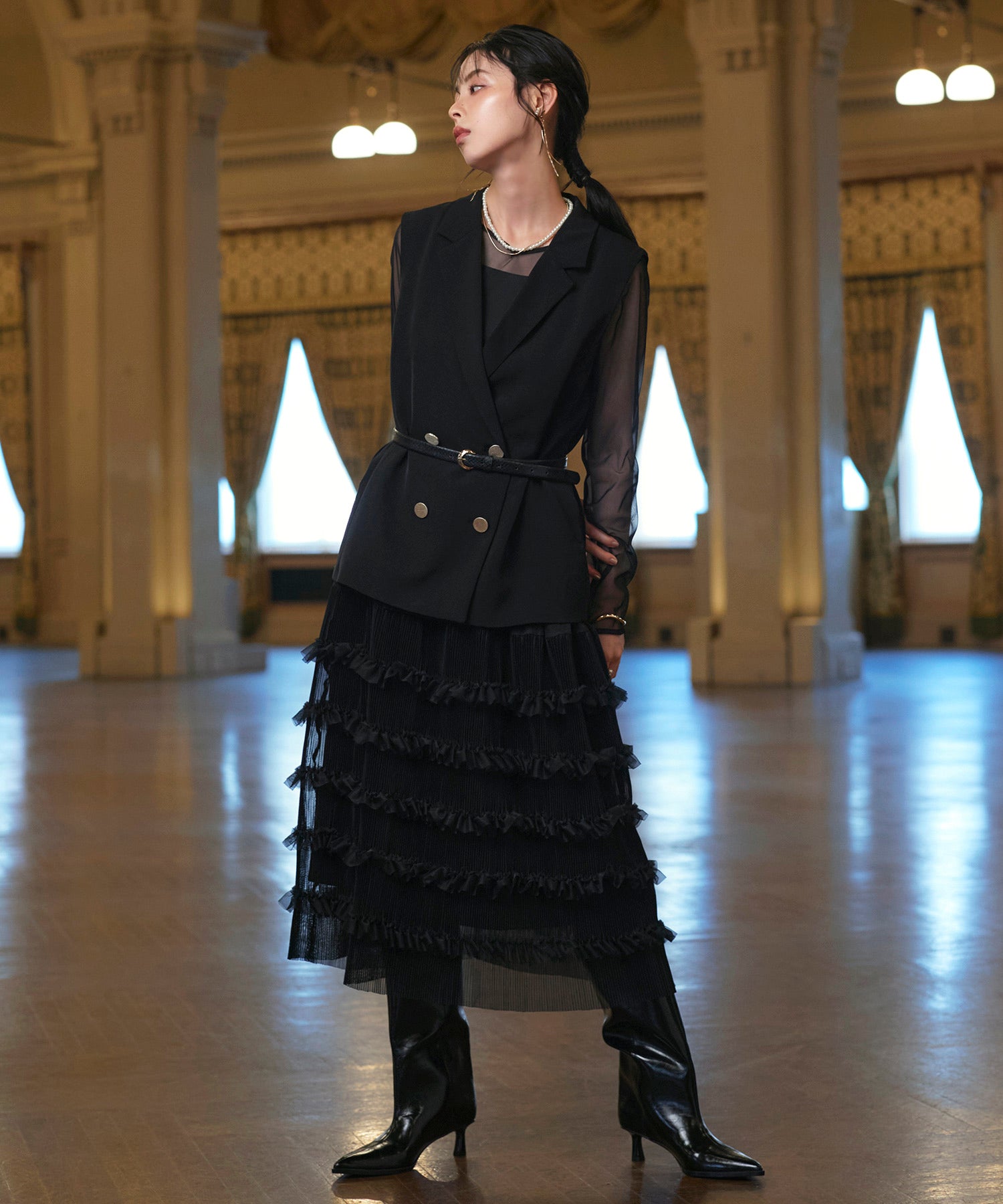 ルイルエブティック RUIRUE BOUTIQUE オケージョンドレス 結婚式 ストレッチ ｜ ジレ ＆ チュール プリーツ ワンピース セット ｜ 二次会 披露宴 美脚 ワンピース オケージョン お呼ばれ パーティードレス （ブラック） ブラック