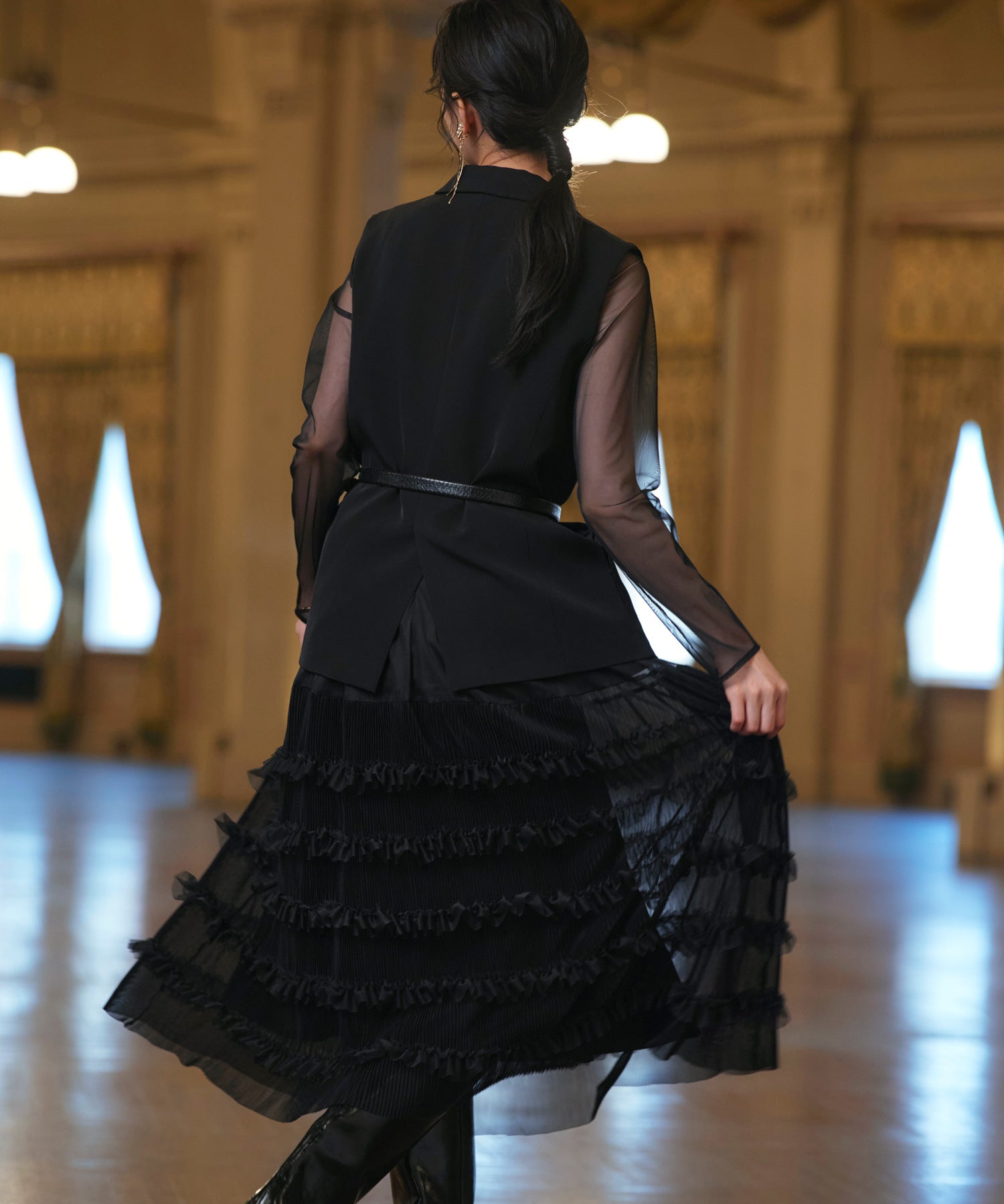 ルイルエブティック RUIRUE BOUTIQUE オケージョンドレス 結婚式 ストレッチ ｜ ジレ ＆ チュール プリーツ ワンピース セット ｜ 二次会 披露宴 美脚 ワンピース オケージョン お呼ばれ パーティードレス （ブラック） ブラック