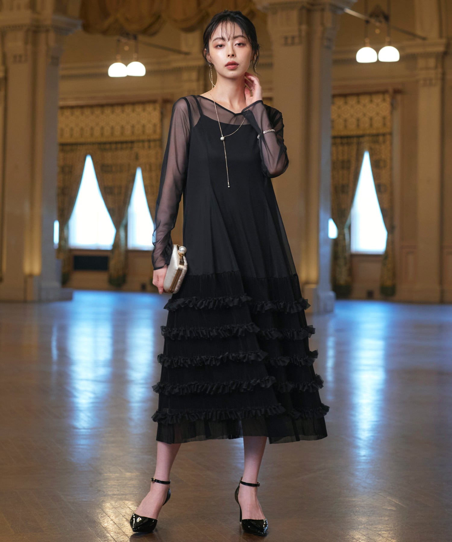 ルイルエブティック RUIRUE BOUTIQUE オケージョンドレス 結婚式 ストレッチ ｜ ジレ ＆ チュール プリーツ ワンピース セット ｜ 二次会 披露宴 美脚 ワンピース オケージョン お呼ばれ パーティードレス （ブラック） ブラック