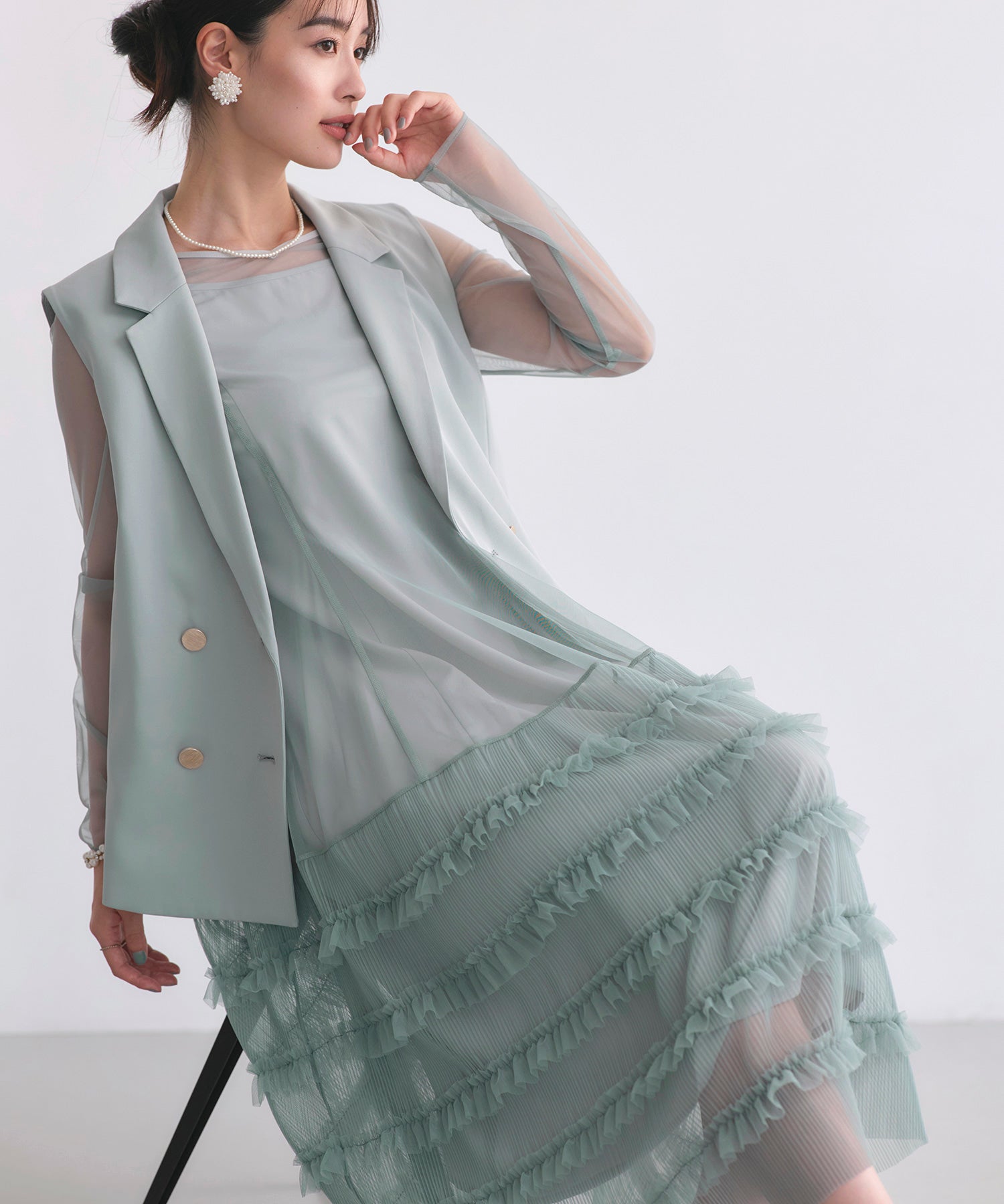 ルイルエブティック RUIRUE BOUTIQUE オケージョンドレス 結婚式 ストレッチ ｜ ジレ ＆ チュール プリーツ ワンピース セット ｜ 二次会 披露宴 美脚 ワンピース オケージョン お呼ばれ パーティードレス （ブルーグレー） ブルーグレー