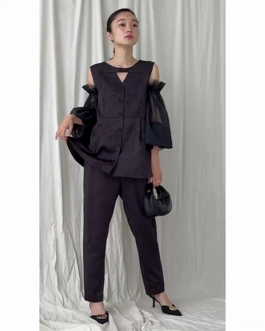 ルイルエブティック RUIRUE BOUTIQUE オケージョンドレス 結婚式 前後2WAY 洗える ｜ ジャカード タック フレアトップス ＆ テーパードパンツ ドレス ( チュールつけ袖 付き ) ｜ パンツドレス 美脚効果 （スモークグリーン） スモークグリーン