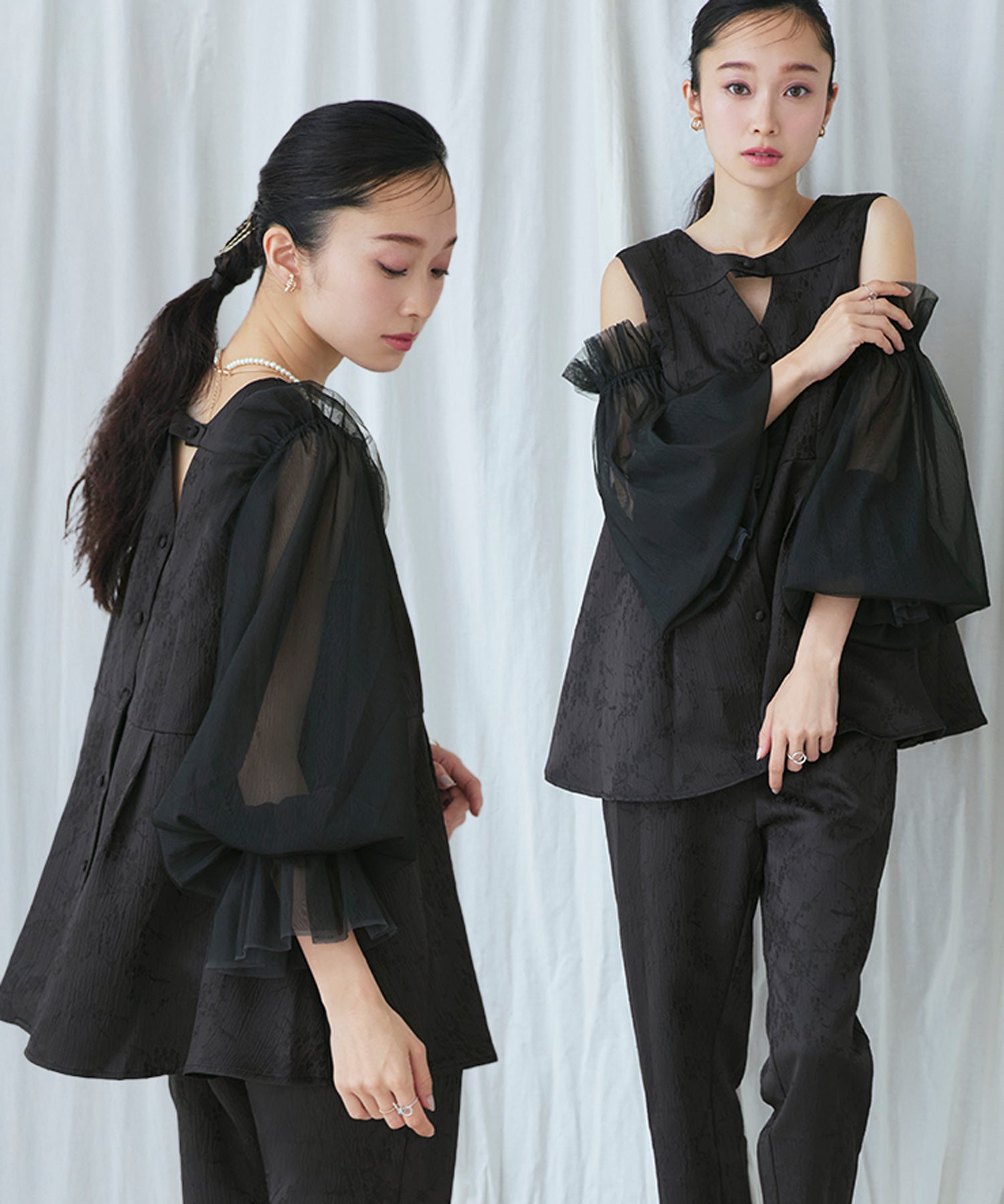 ルイルエブティック RUIRUE BOUTIQUE オケージョンドレス 結婚式 前後2WAY 洗える ｜ ジャカード タック フレアトップス ＆ テーパードパンツ ドレス ( チュールつけ袖 付き ) ｜ パンツドレス 美脚効果 （ブラック） ブラック