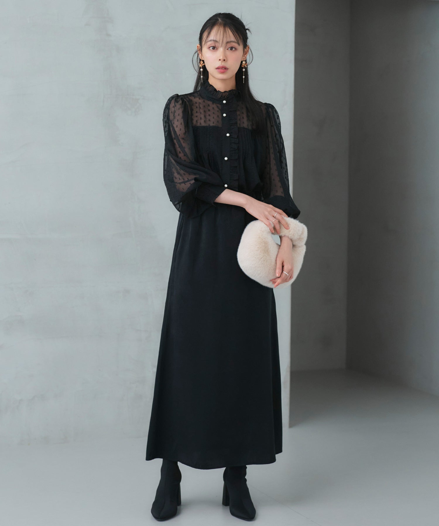 ルイルエブティック RUIRUE BOUTIQUE 洗える ｜ ドット シフォン ピンタック ブラウス ｜ レディース シアー トップス 体型カバー 長袖 透け感 オフィスカジュアル きれいめ 大人かわいい シャツ （ブラック） ブラック