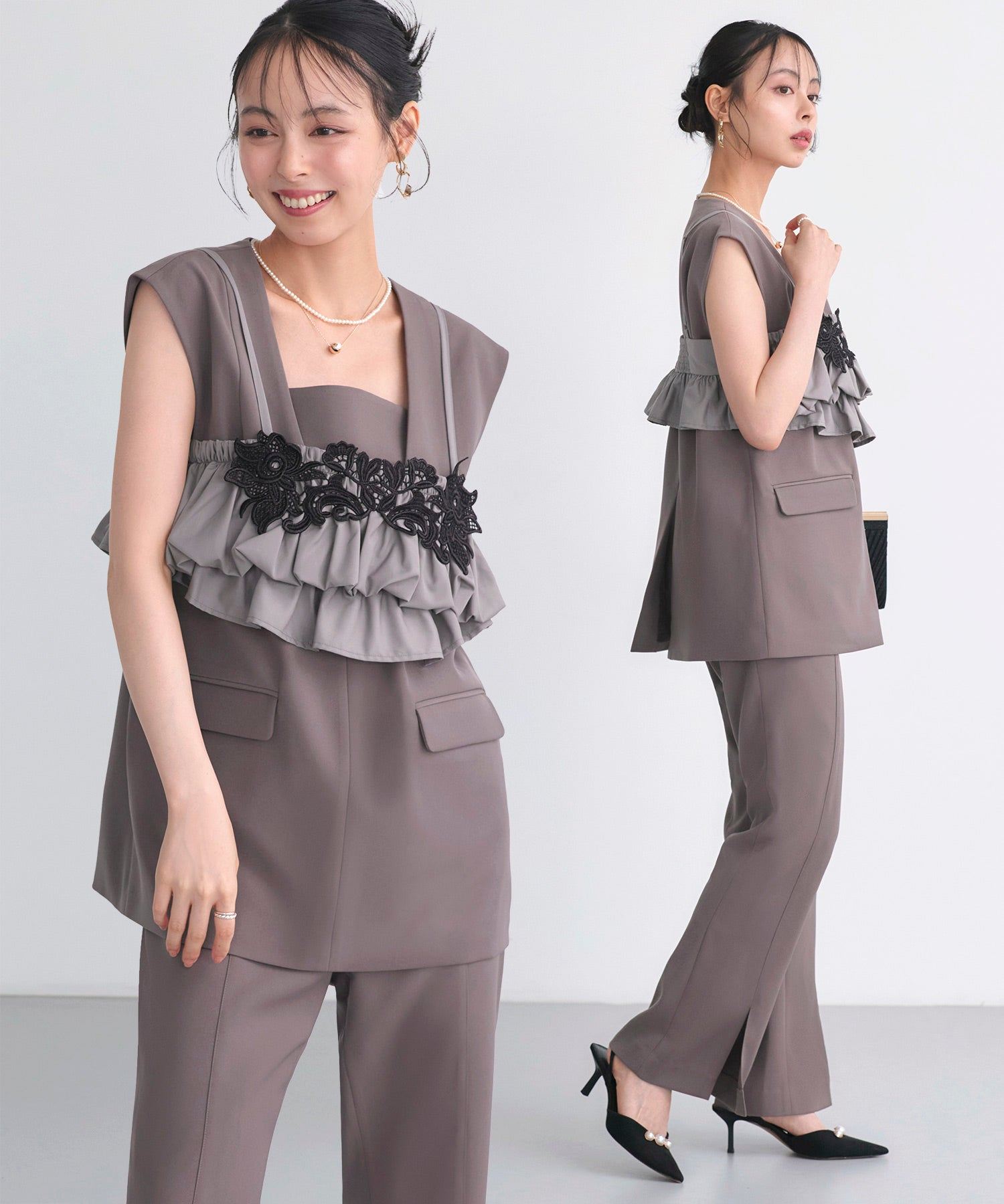 ルイルエブティック RUIRUE BOUTIQUE オケージョンドレス 結婚式 ｜ ベスト ＆ ビスチェ ＆ スリットパンツ 3ピース セット ｜ パンツドレス パンツスーツ 美脚効果 二次会 披露宴 お呼ばれ パーティードレス （モカ） モカ