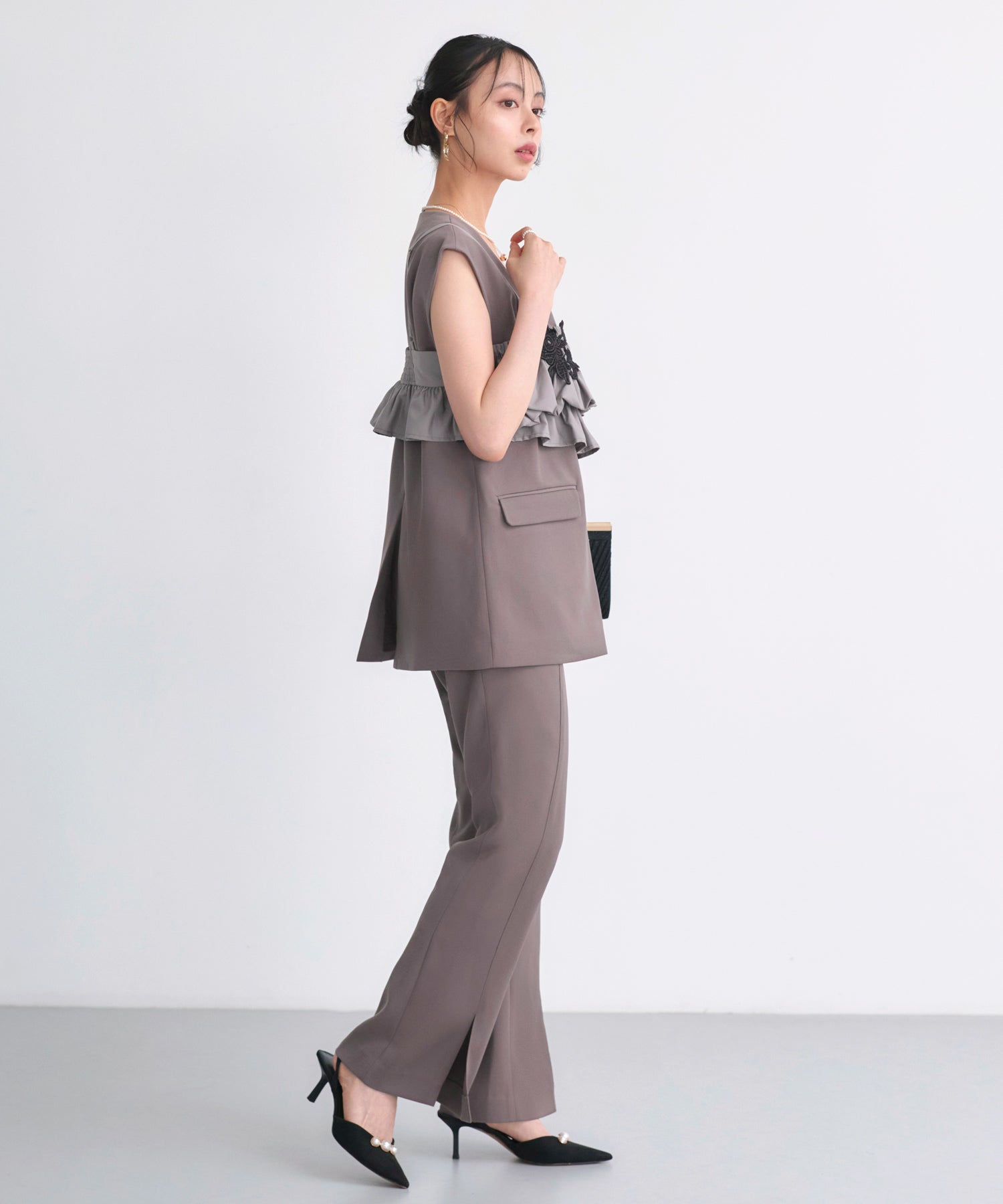 ルイルエブティック RUIRUE BOUTIQUE オケージョンドレス 結婚式 ｜ ベスト ＆ ビスチェ ＆ スリットパンツ 3ピース セット ｜ パンツドレス パンツスーツ 美脚効果 二次会 披露宴 お呼ばれ パーティードレス （モカ） モカ