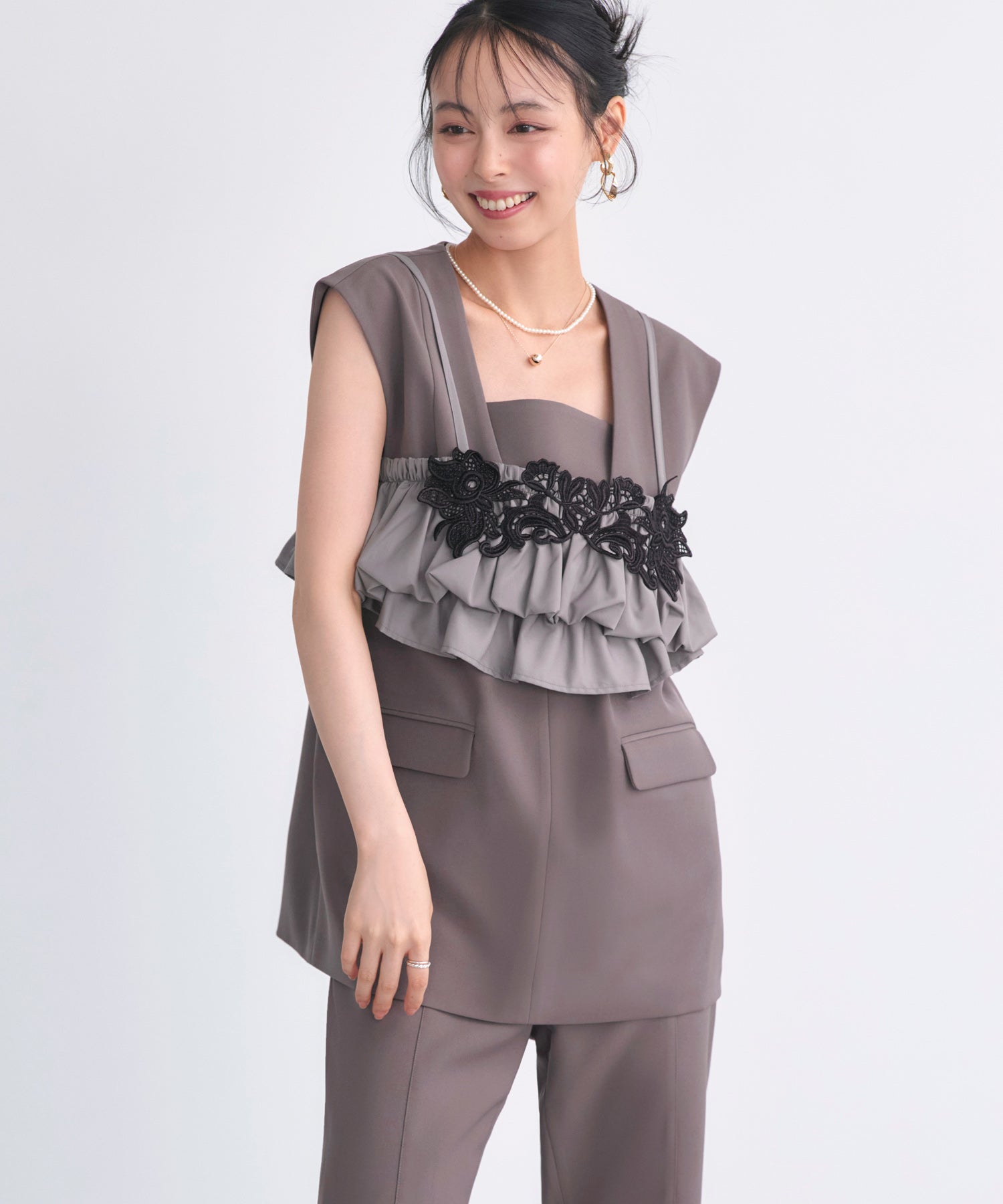 ルイルエブティック RUIRUE BOUTIQUE オケージョンドレス 結婚式 ｜ ベスト ＆ ビスチェ ＆ スリットパンツ 3ピース セット ｜ パンツドレス パンツスーツ 美脚効果 二次会 披露宴 お呼ばれ パーティードレス （モカ） モカ