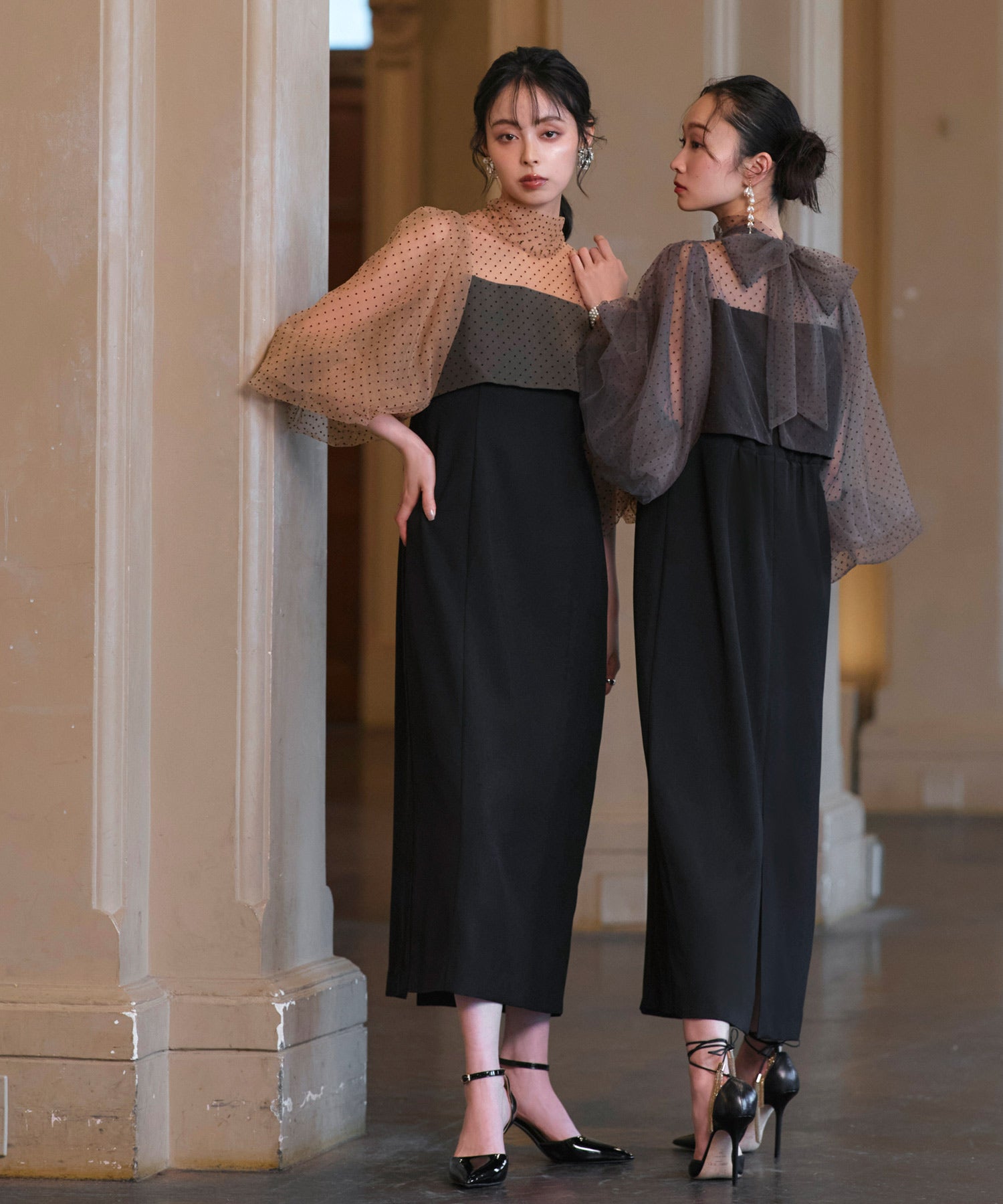 ルイルエブティック RUIRUE BOUTIQUE オケージョンドレス 結婚式 ストレッチ ｜ シアー ドット Iライン ワンピース ドレス ｜ 二次会 披露宴 美脚 オケージョンワンピース お呼ばれ パーティードレス （ブラック×ブラウン） ブラック×ブラウン