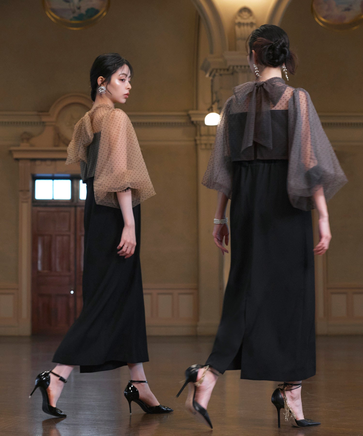 ルイルエブティック RUIRUE BOUTIQUE オケージョンドレス 結婚式 ストレッチ ｜ シアー ドット Iライン ワンピース ドレス ｜ 二次会 披露宴 美脚 オケージョンワンピース お呼ばれ パーティードレス （ブラック×ブラウン） ブラック×ブラウン