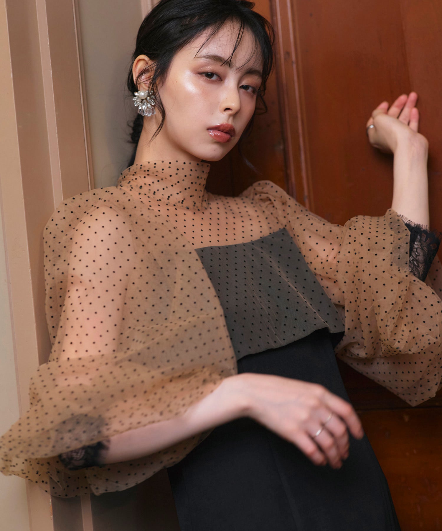 ルイルエブティック RUIRUE BOUTIQUE オケージョンドレス 結婚式 ストレッチ ｜ シアー ドット Iライン ワンピース ドレス ｜ 二次会 披露宴 美脚 オケージョンワンピース お呼ばれ パーティードレス （ブラック×ブラウン） ブラック×ブラウン