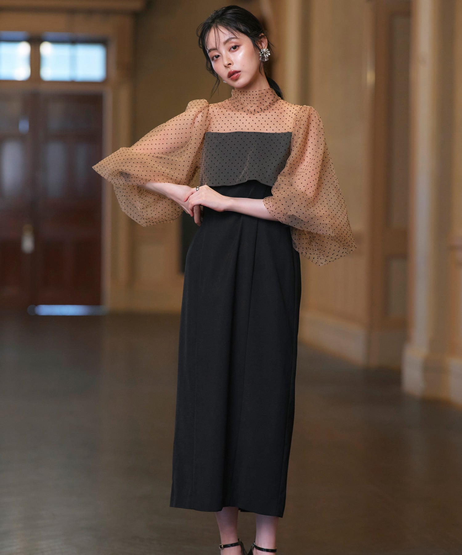 ルイルエブティック RUIRUE BOUTIQUE オケージョンドレス 結婚式 ストレッチ ｜ シアー ドット Iライン ワンピース ドレス ｜ 二次会 披露宴 美脚 オケージョンワンピース お呼ばれ パーティードレス （ブラック×ブラウン） ブラック×ブラウン