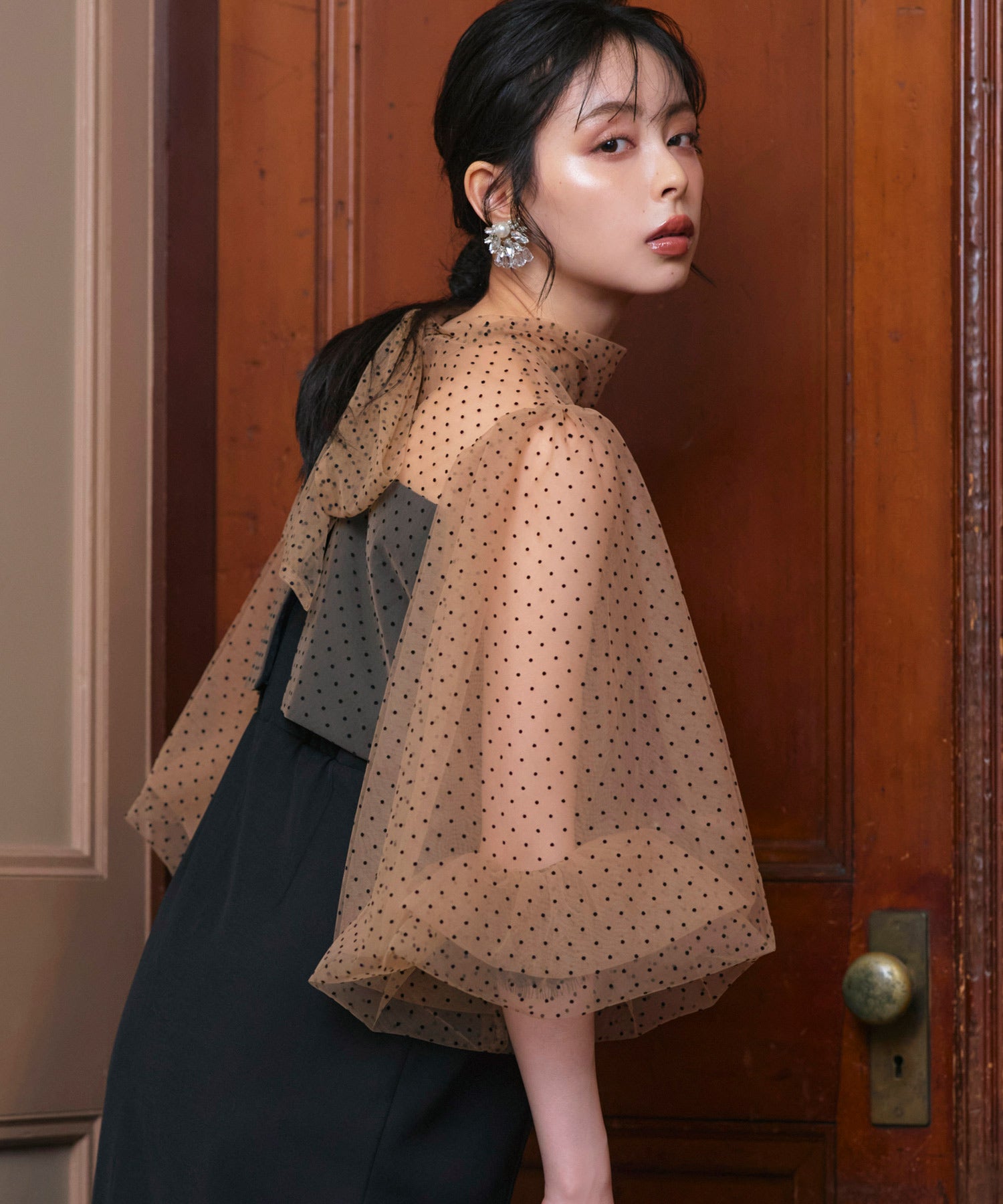 ルイルエブティック RUIRUE BOUTIQUE オケージョンドレス 結婚式 ストレッチ ｜ シアー ドット Iライン ワンピース ドレス ｜ 二次会 披露宴 美脚 オケージョンワンピース お呼ばれ パーティードレス （ブラック×ブラウン） ブラック×ブラウン