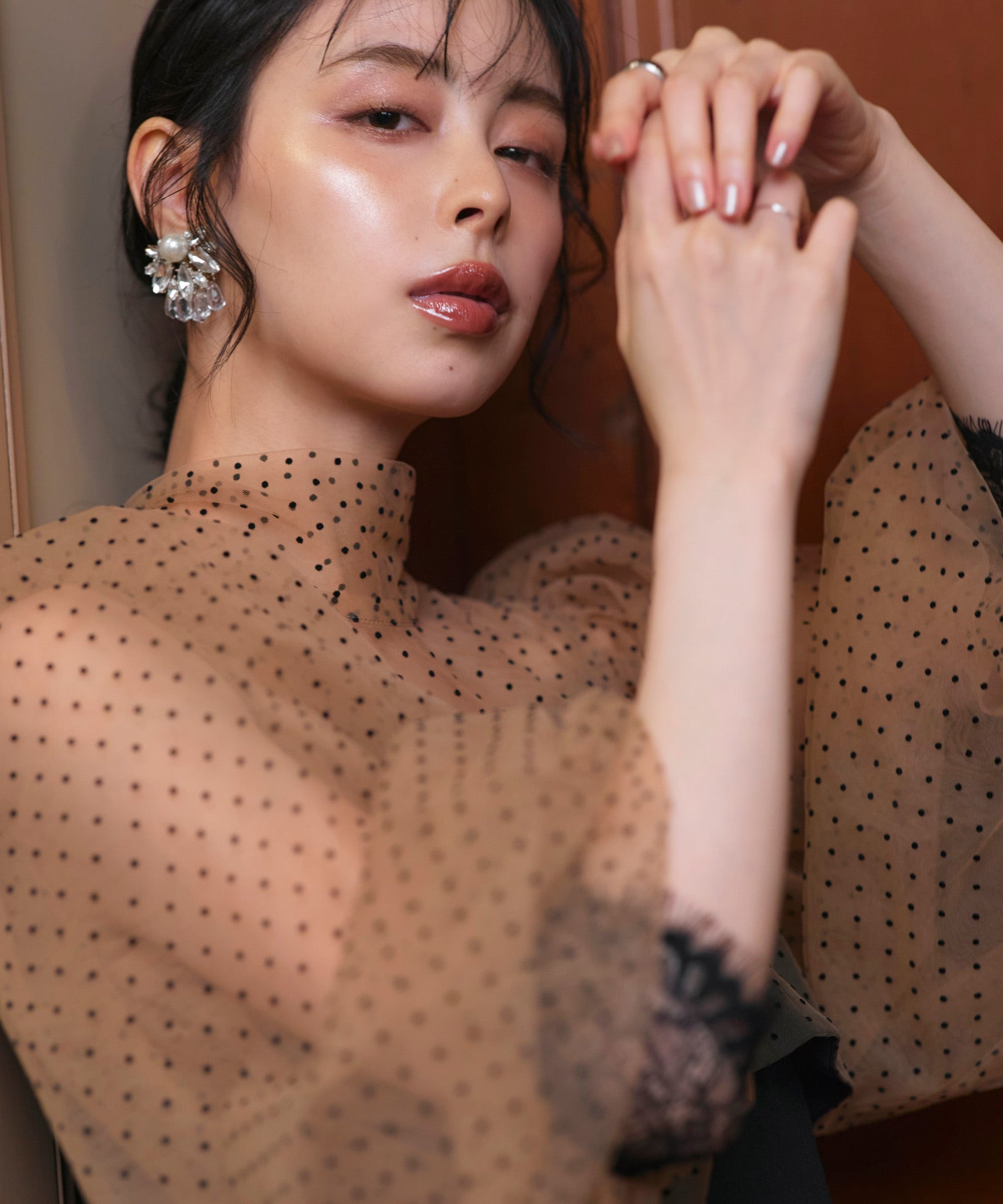 ルイルエブティック RUIRUE BOUTIQUE オケージョンドレス 結婚式 ストレッチ ｜ シアー ドット Iライン ワンピース ドレス ｜ 二次会 披露宴 美脚 オケージョンワンピース お呼ばれ パーティードレス （ブラック×ブラウン） ブラック×ブラウン