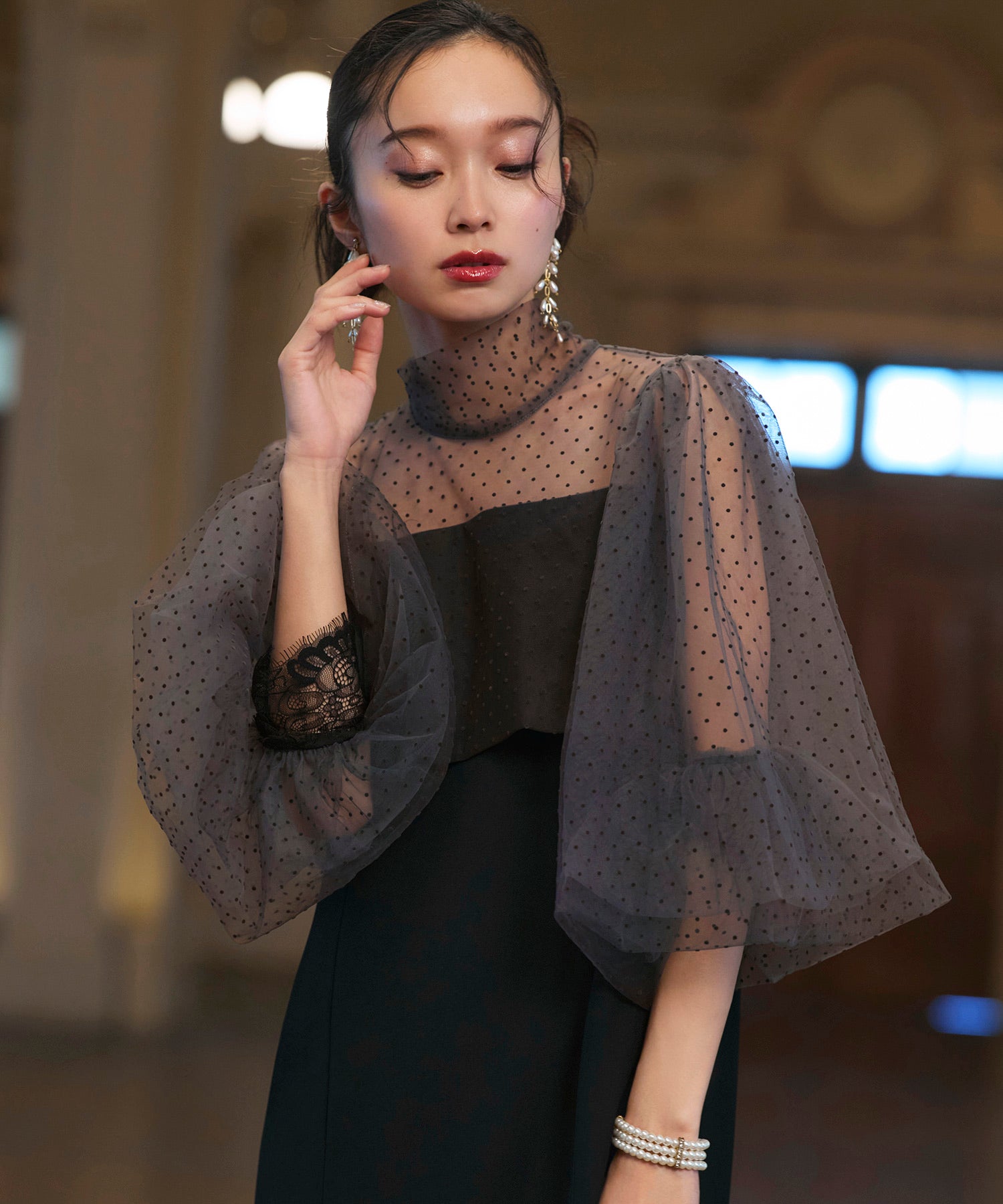 ルイルエブティック RUIRUE BOUTIQUE オケージョンドレス 結婚式 ストレッチ ｜ シアー ドット Iライン ワンピース ドレス ｜ 二次会 披露宴 美脚 オケージョンワンピース お呼ばれ パーティードレス （ブラック×グレー） ブラック×グレー