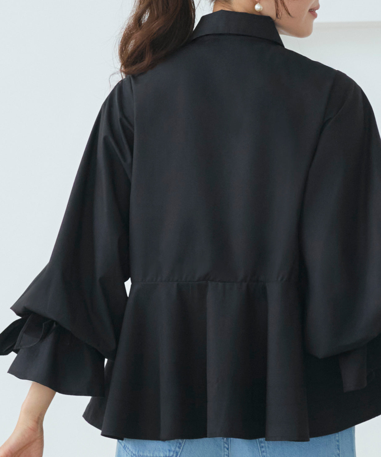 ルイルエブティック RUIRUE BOUTIQUE 2WAY 洗える ｜ リボン アクセント ペプラム シャツ ブラウス ｜ レディース トップス 体型カバー 長袖 きれいめ 大人かわいい オフィスカジュアル （ブラック） ブラック