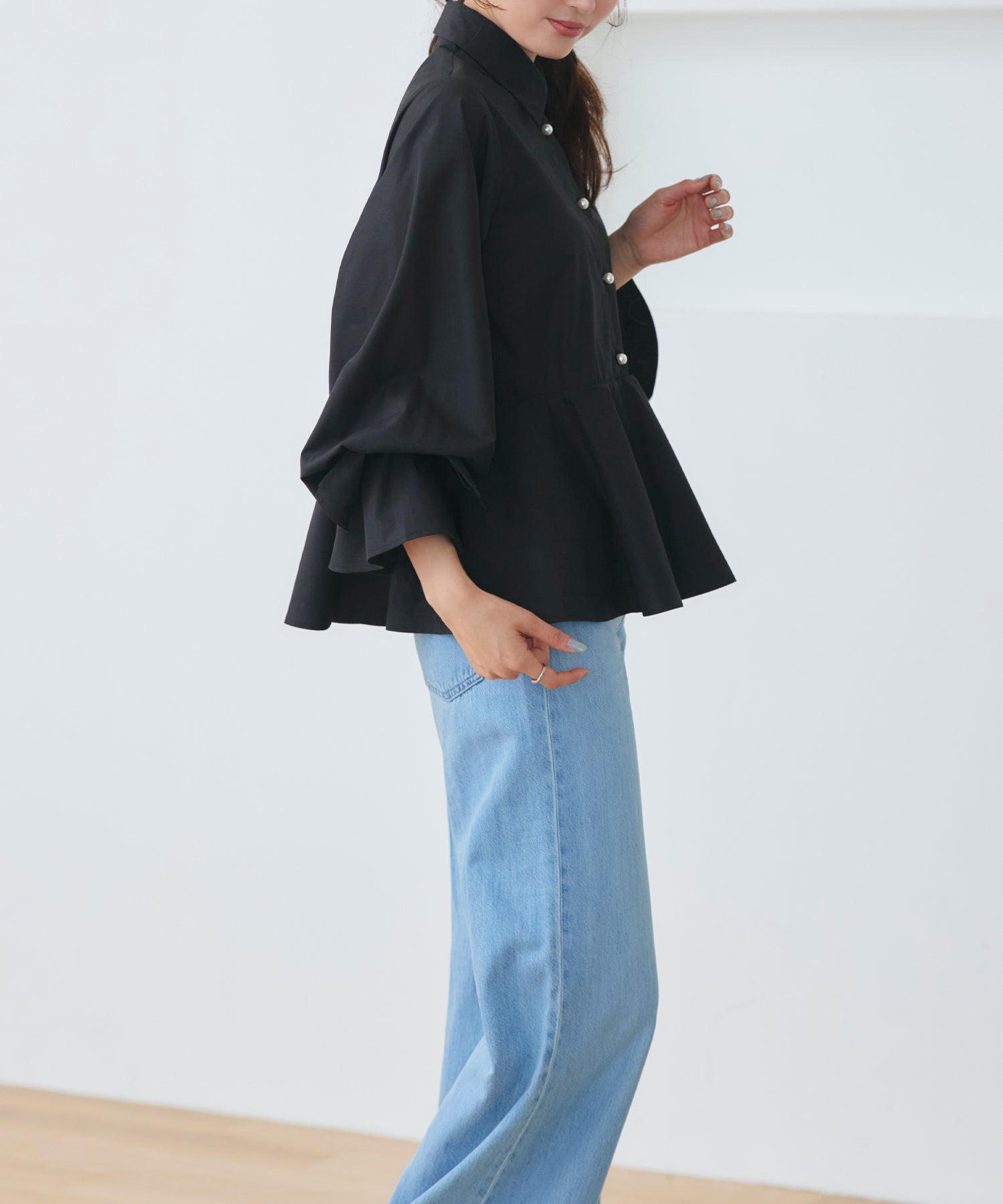 ルイルエブティック RUIRUE BOUTIQUE 2WAY 洗える ｜ リボン アクセント ペプラム シャツ ブラウス ｜ レディース トップス 体型カバー 長袖 きれいめ 大人かわいい オフィスカジュアル （ブラック） ブラック