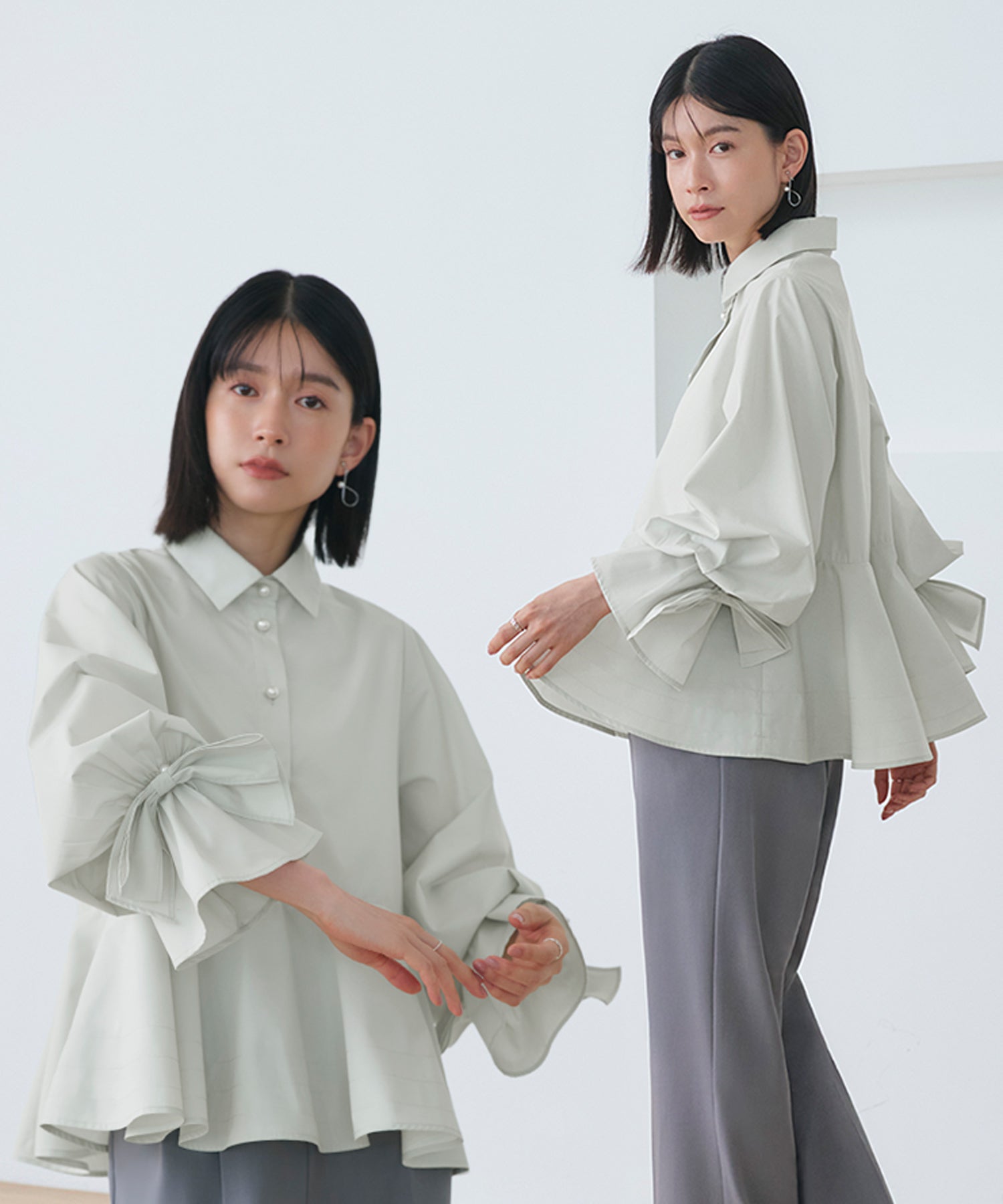 ルイルエブティック RUIRUE BOUTIQUE 2WAY 洗える ｜ リボン アクセント ペプラム シャツ ブラウス ｜ レディース トップス 体型カバー 長袖 きれいめ 大人かわいい オフィスカジュアル （ライトグリーン） ライトグリーン