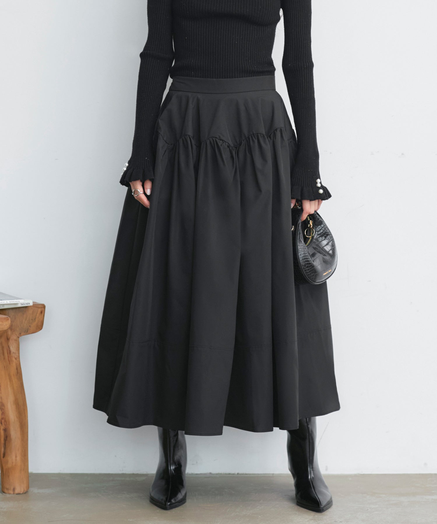 ルイルエブティック RUIRUE BOUTIQUE  洗える ｜ バブル フレア スカート ｜ レディース ロングスカート フェミニン きれいめ 大人カジュアル オフィスカジュアル ウエストゴム 美脚 フレアスカート （ブラック） ブラック