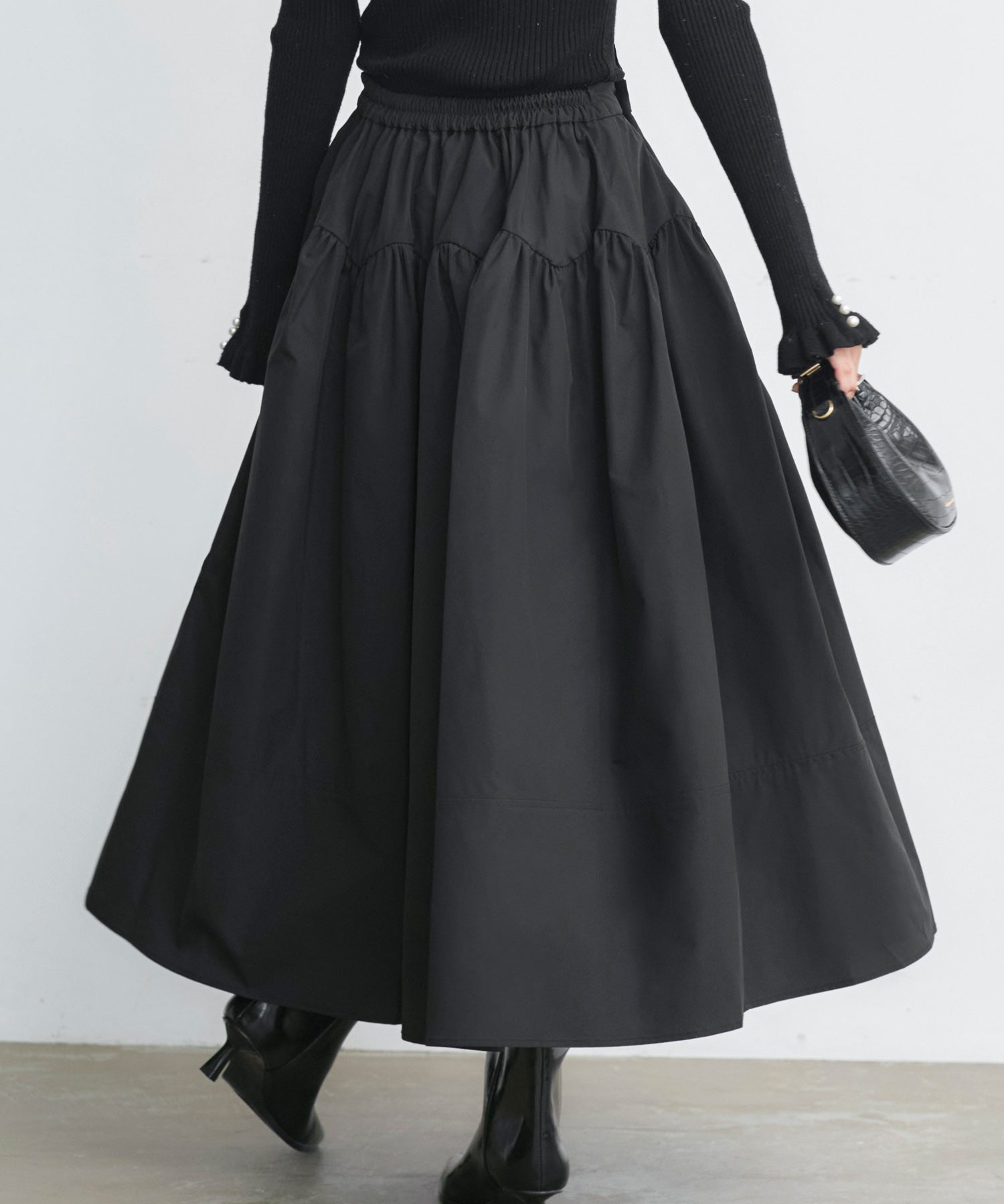 ルイルエブティック RUIRUE BOUTIQUE  洗える ｜ バブル フレア スカート ｜ レディース ロングスカート フェミニン きれいめ 大人カジュアル オフィスカジュアル ウエストゴム 美脚 フレアスカート （ブラック） ブラック