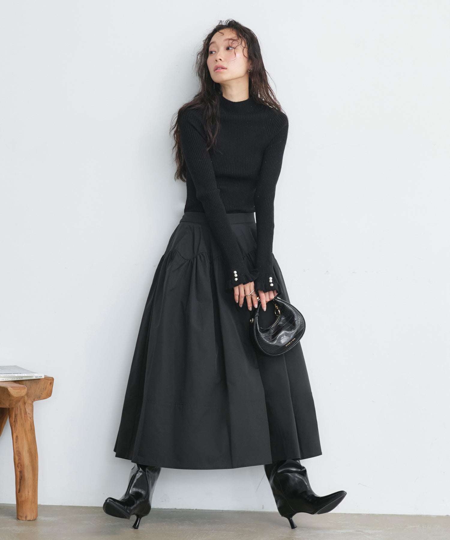 ルイルエブティック RUIRUE BOUTIQUE  洗える ｜ バブル フレア スカート ｜ レディース ロングスカート フェミニン きれいめ 大人カジュアル オフィスカジュアル ウエストゴム 美脚 フレアスカート （ブラック） ブラック