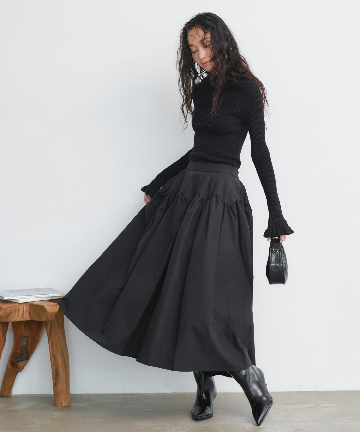 ルイルエブティック RUIRUE BOUTIQUE  洗える ｜ バブル フレア スカート ｜ レディース ロングスカート フェミニン きれいめ 大人カジュアル オフィスカジュアル ウエストゴム 美脚 フレアスカート （ブラック） ブラック
