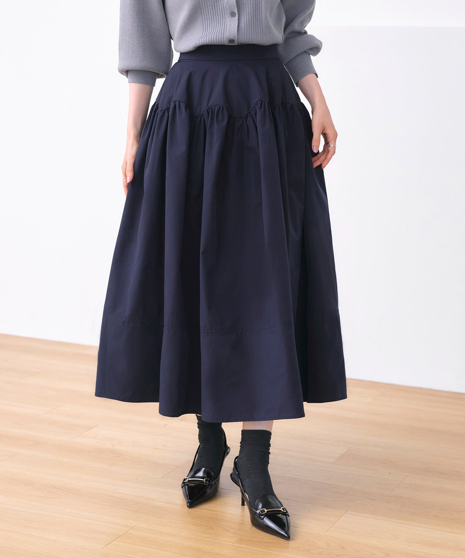 ルイルエブティック RUIRUE BOUTIQUE 洗える ｜ バブル フレア スカート ｜ レディース ロングスカート フェミニン きれいめ 大人カジュアル オフィスカジュアル ウエストゴム 美脚 フレアスカート （ネイビー） ネイビー