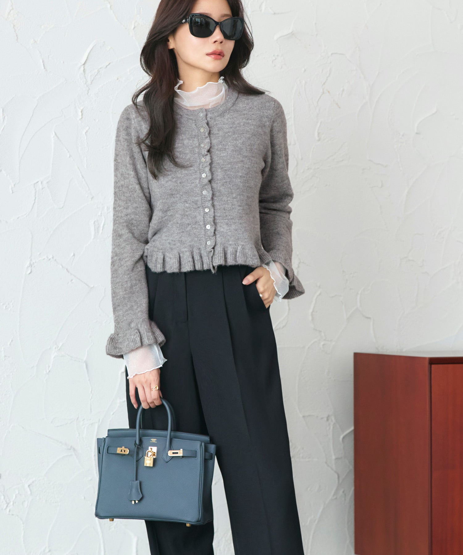 ルイルエブティック RUIRUE BOUTIQUE 洗える ストレッチ ｜ フリル クルーネック カーデ ｜ レディース ニットトップス オフィスカジュアル カーディガン トップス 長袖 セーター  （杢グレー） 杢グレー