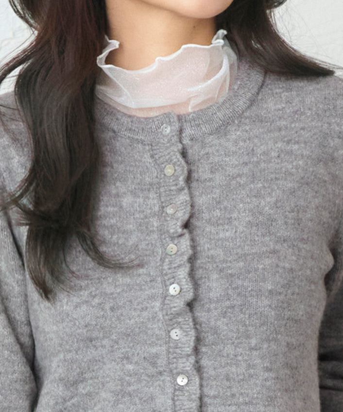 ルイルエブティック RUIRUE BOUTIQUE 洗える ストレッチ ｜ フリル クルーネック カーデ ｜ レディース ニットトップス オフィスカジュアル カーディガン トップス 長袖 セーター  （杢グレー） 杢グレー