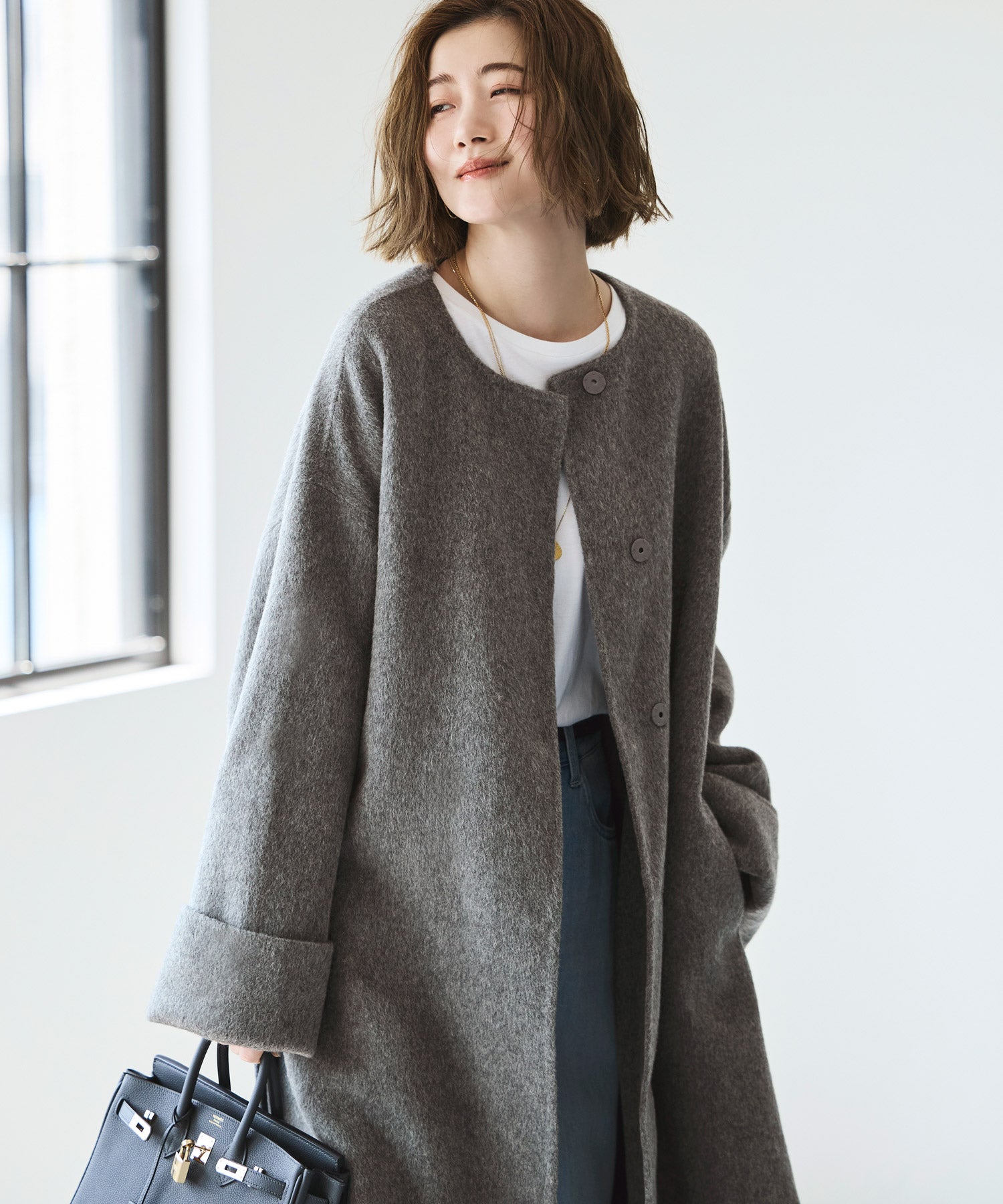 ルイルエブティック RUIRUE BOUTIQUE ウールリバー ハンドステッチ コート ｜ アウター / ウールコート / ウール100％コート / ノーカラーコート / リバーコート / ウールリバーコート （グレー） グレー