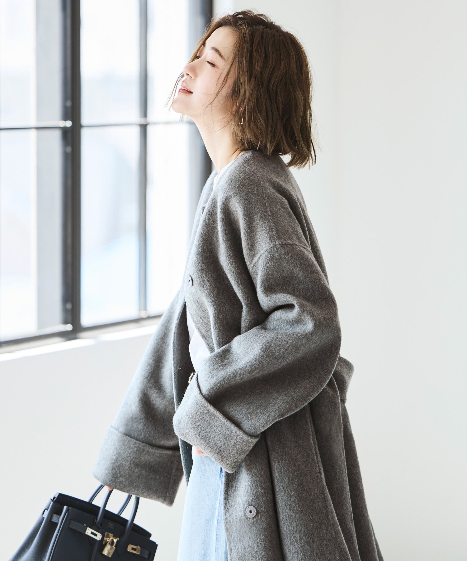 ルイルエブティック RUIRUE BOUTIQUE ウールリバー ハンドステッチ コート ｜ アウター / ウールコート / ウール100％コート / ノーカラーコート / リバーコート / ウールリバーコート （グレー） グレー