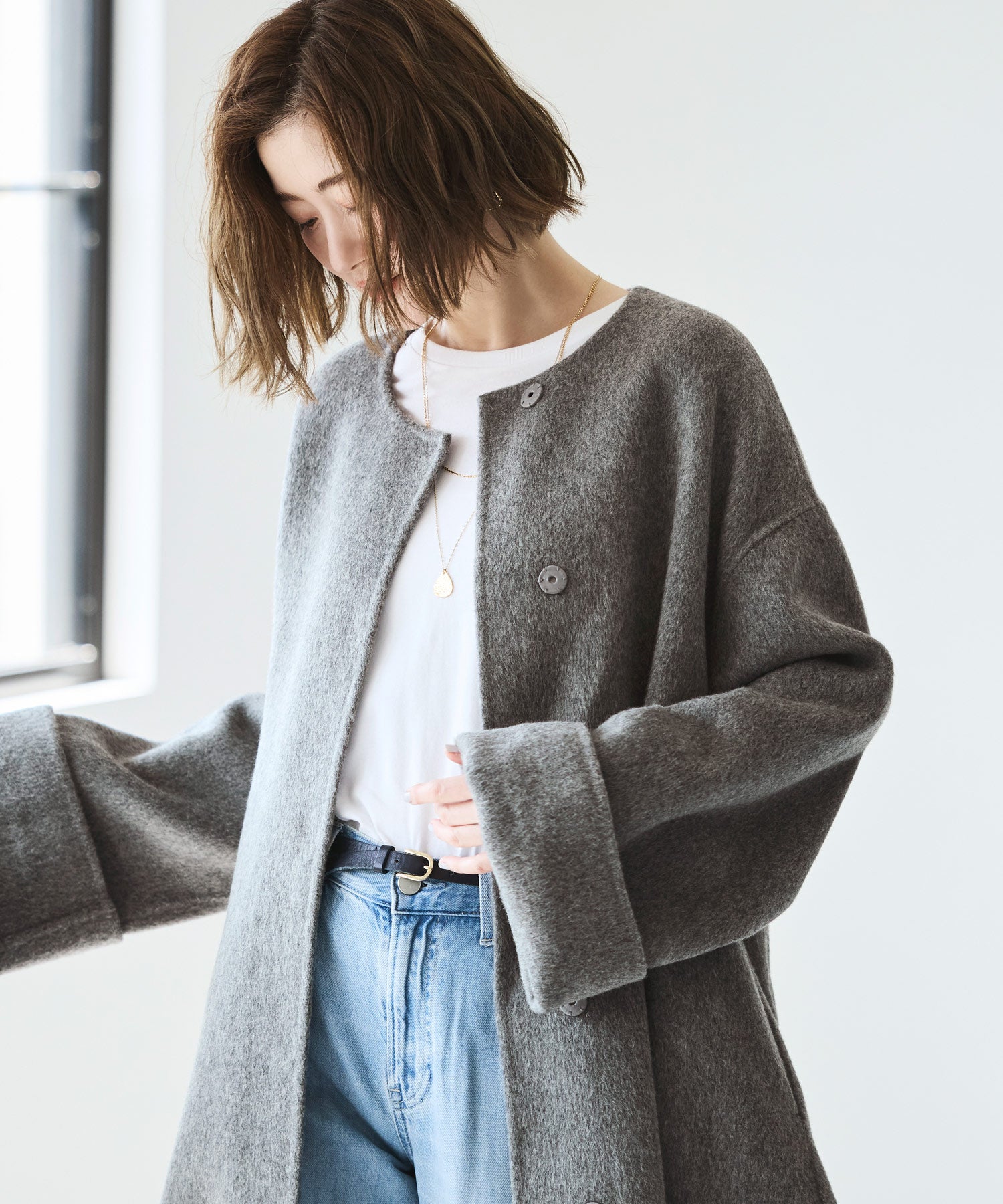 ルイルエブティック RUIRUE BOUTIQUE ウールリバー ハンドステッチ コート ｜ アウター / ウールコート / ウール100％コート / ノーカラーコート / リバーコート / ウールリバーコート （グレー） グレー