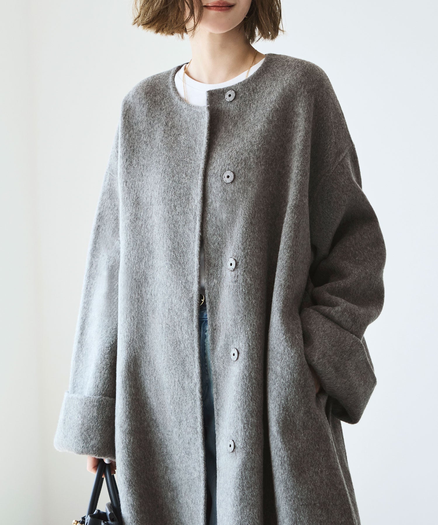 ルイルエブティック RUIRUE BOUTIQUE ウールリバー ハンドステッチ コート ｜ アウター / ウールコート / ウール100％コート / ノーカラーコート / リバーコート / ウールリバーコート （グレー） グレー