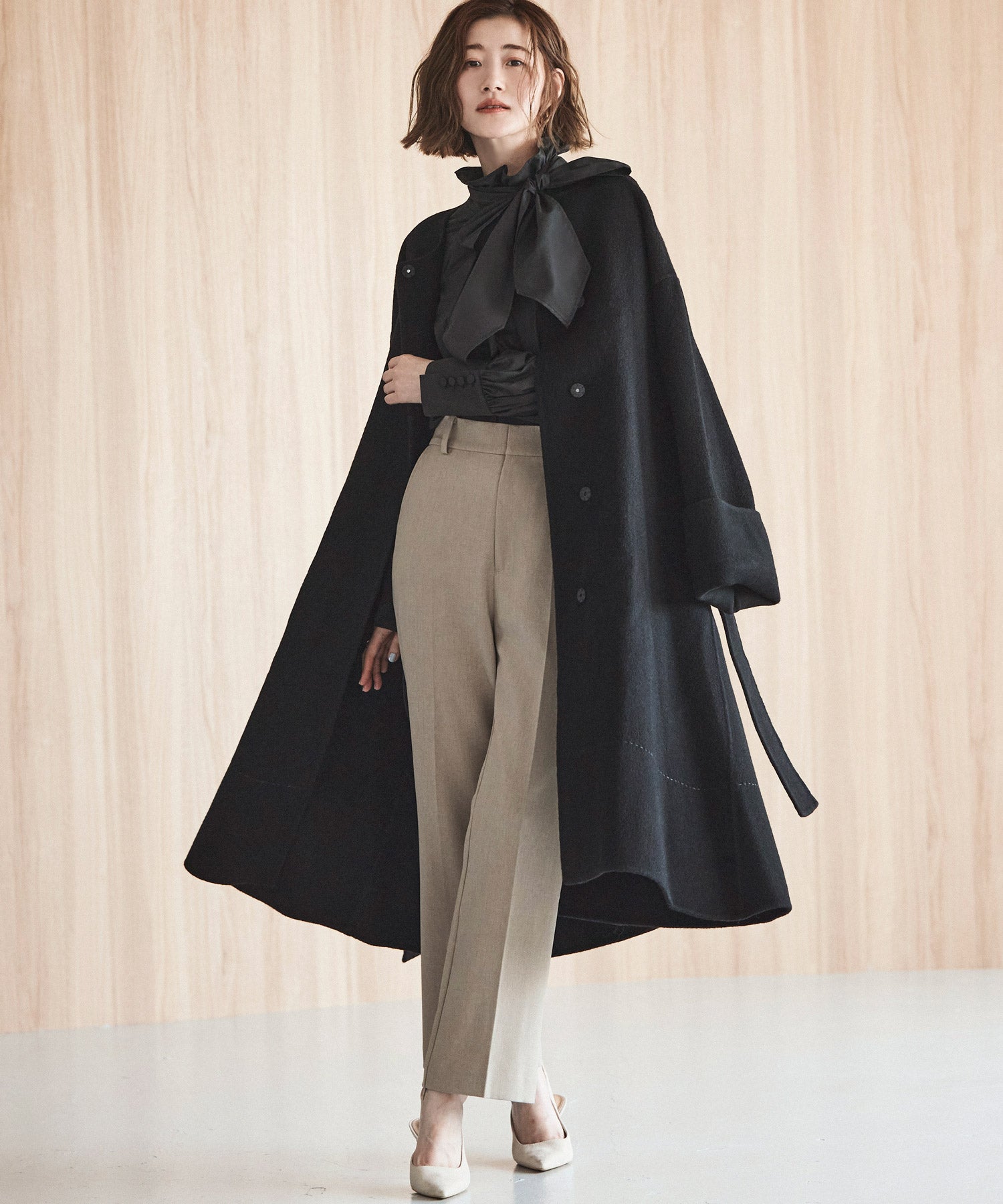 ルイルエブティック RUIRUE BOUTIQUE ウールリバー ハンドステッチ コート ｜ アウター / ウールコート / ウール100％コート / ノーカラーコート / リバーコート / ウールリバーコート （ブラック） ブラック