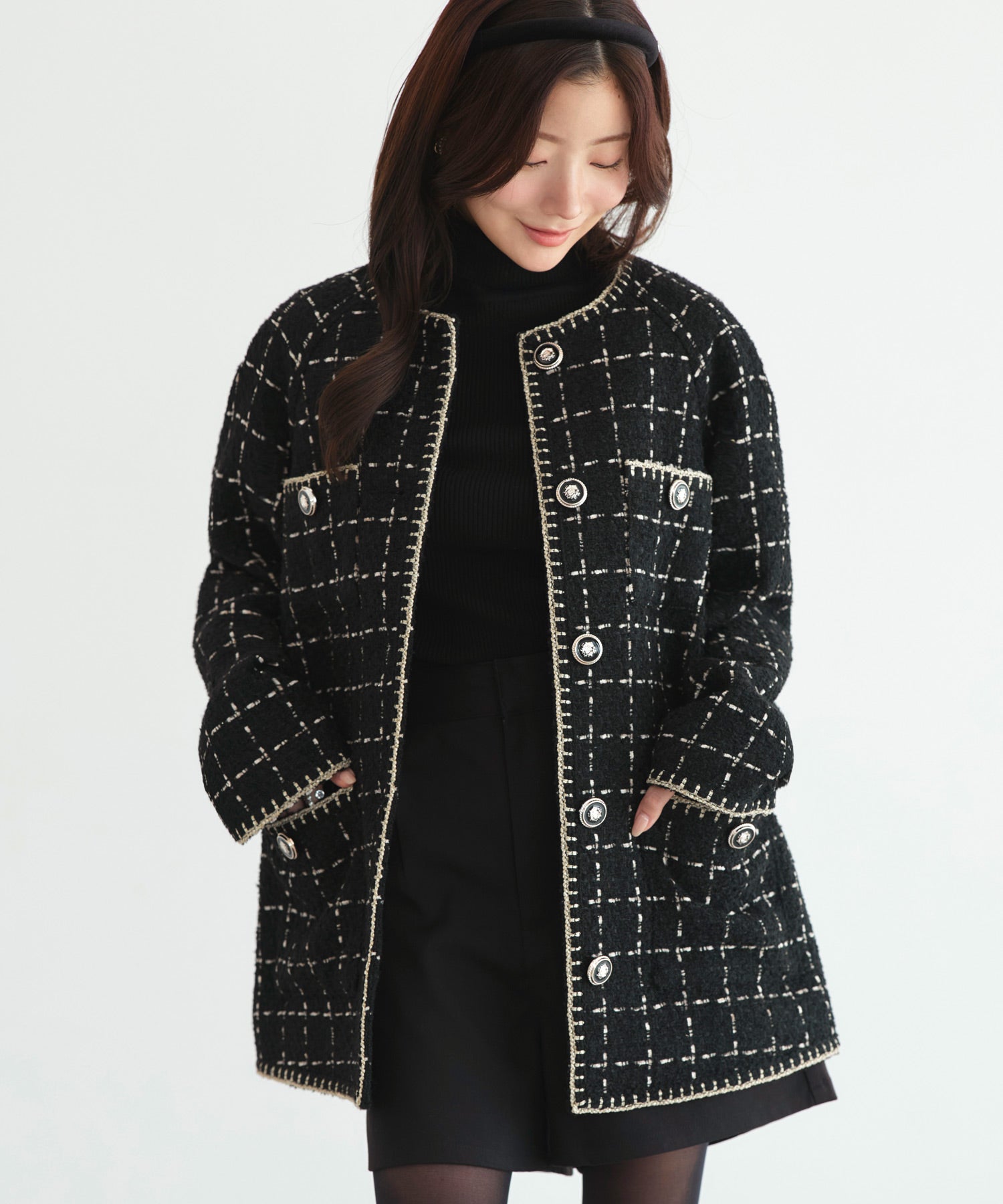 ルイルエブティック RUIRUE BOUTIQUE ファンシー ウール ツイード ノーカラー ジャケット ｜ アウター / ウールコート / コート / ツイードジャケット / ノーカラーコート （ブラック） ブラック