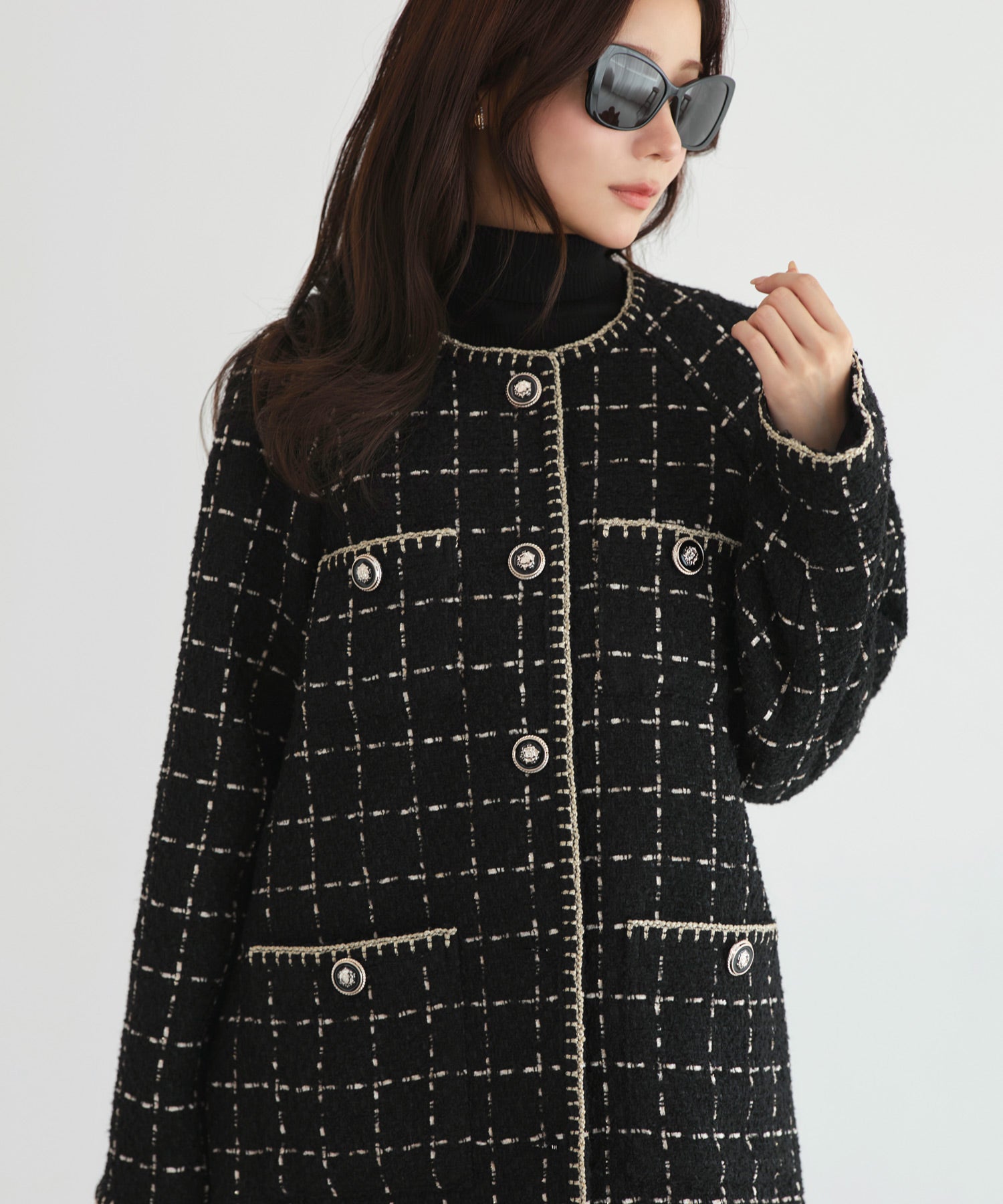 ルイルエブティック RUIRUE BOUTIQUE ファンシー ウール ツイード ノーカラー ジャケット ｜ アウター / ウールコート / コート / ツイードジャケット / ノーカラーコート （ブラック） ブラック