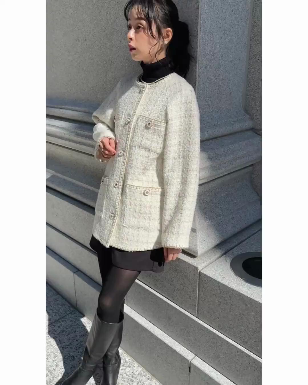 ルイルエブティック RUIRUE BOUTIQUE ファンシー ウール ツイード ノーカラー ジャケット ｜ アウター / ウールコート / コート / ツイードジャケット / ノーカラーコート （ブラック） ブラック