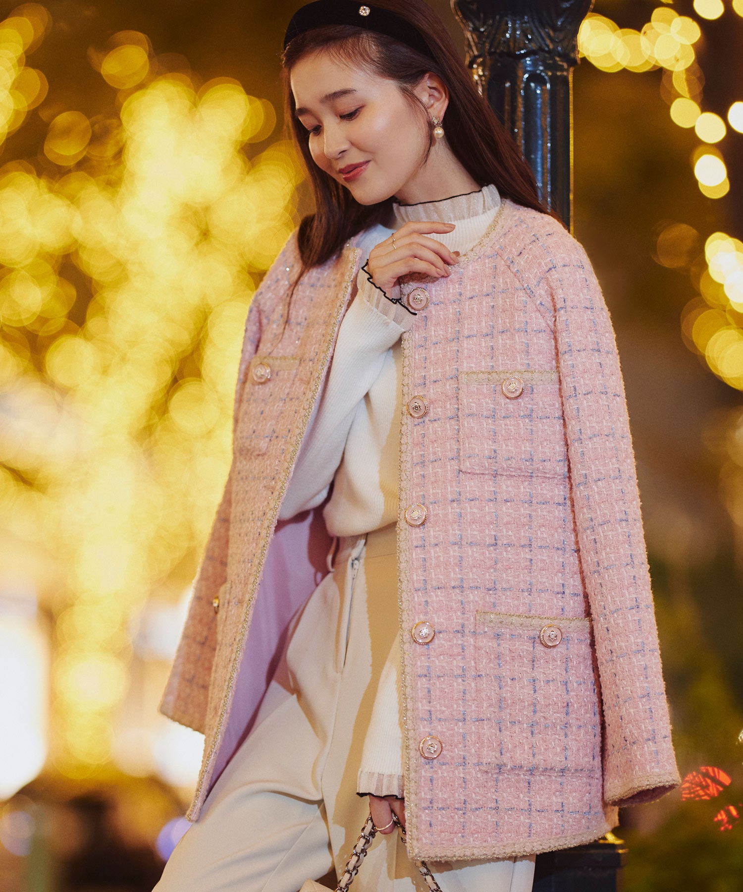 ルイルエブティック RUIRUE BOUTIQUE ファンシー ウール ツイード ノーカラー ジャケット ｜ アウター / ウールコート / コート / ツイードジャケット / ノーカラーコート （ブラック） ブラック