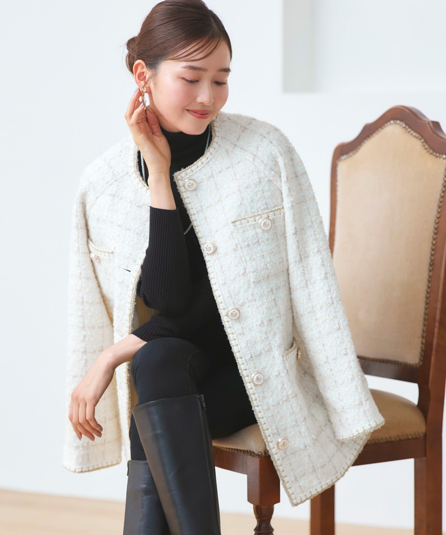 ルイルエブティック RUIRUE BOUTIQUE ファンシー ウール ツイード ノーカラー ジャケット ｜ アウター / ウールコート / コート / ツイードジャケット / ノーカラーコート （オフホワイト） オフホワイト