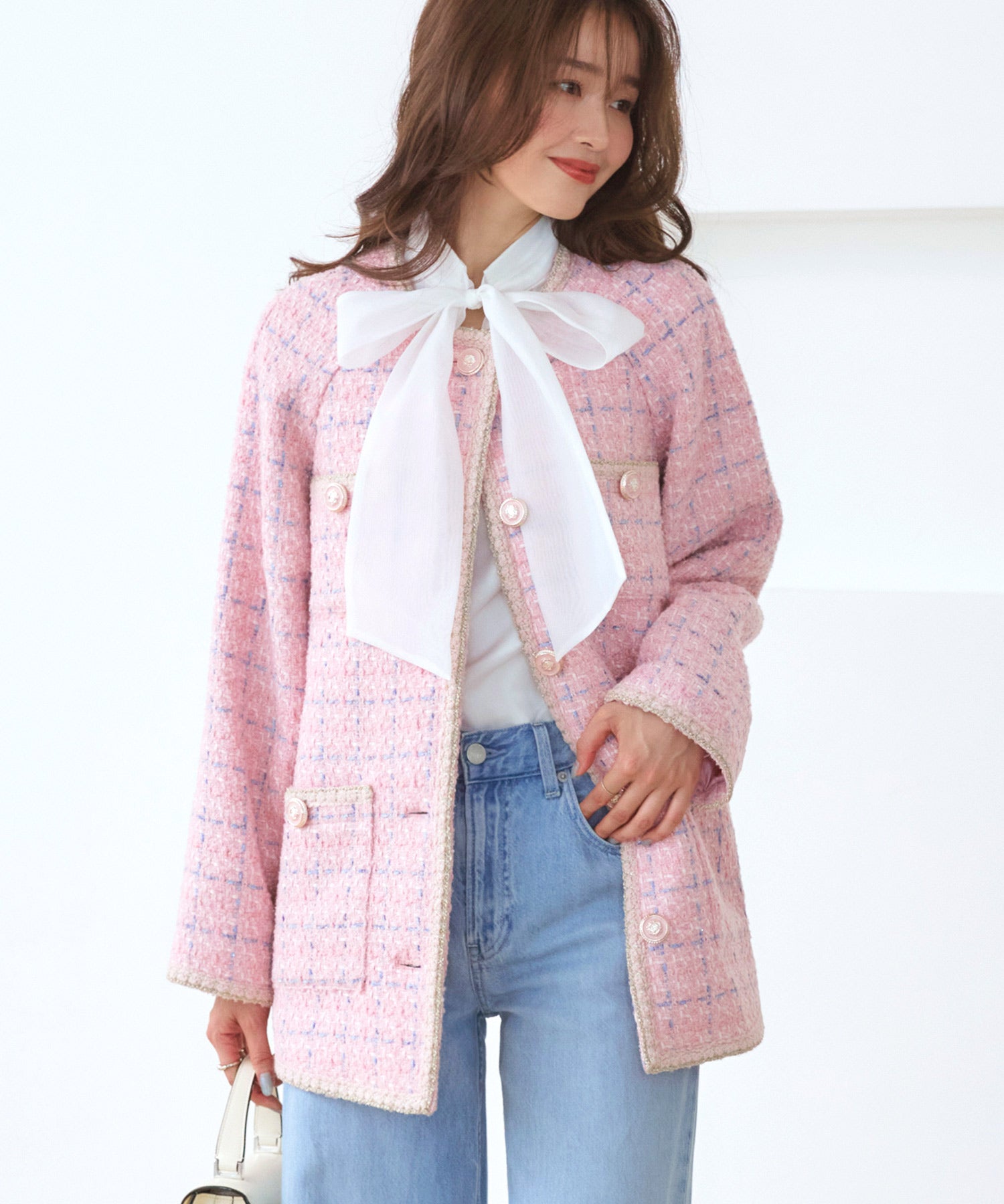 ルイルエブティック RUIRUE BOUTIQUE ファンシー ウール ツイード ノーカラー ジャケット ｜ アウター / ウールコート / コート / ツイードジャケット / ノーカラーコート （ピンク） ピンク