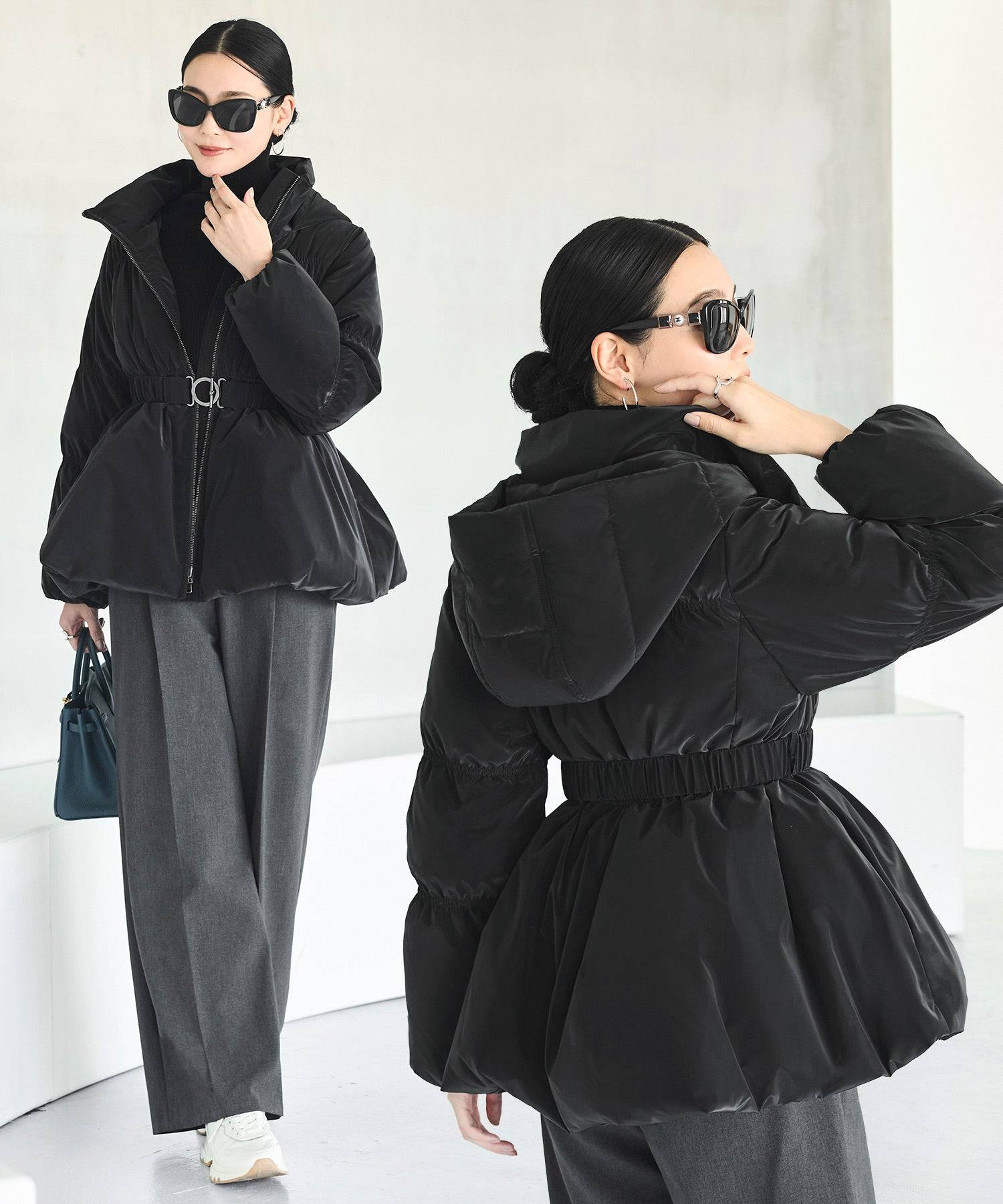 ルイルエブティック RUIRUE BOUTIQUE グロスタフタ×サーモ・アリーナ ｜ 洗える ｜ フーディー ダウンコート ( 共生地 ゴムベルト 付き ) ｜ アウター / コート / ショートダウン （ブラック） ブラック