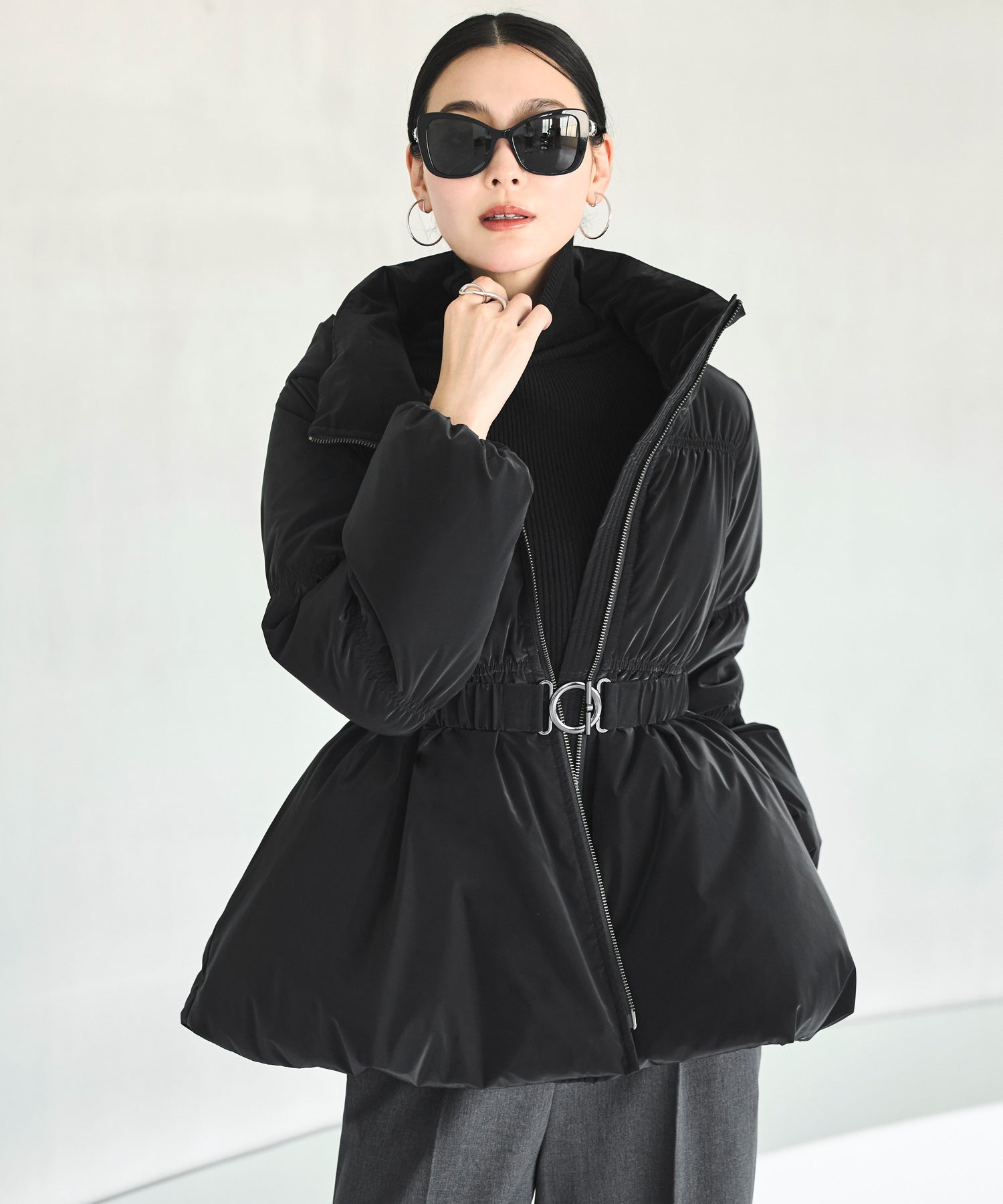 ルイルエブティック RUIRUE BOUTIQUE グロスタフタ×ダウン ｜ 洗える ｜ フーディー ダウンコート ( 共生地 ゴムベルト 付き ) ｜ アウター / コート / ショートダウン （ブラック） ブラック