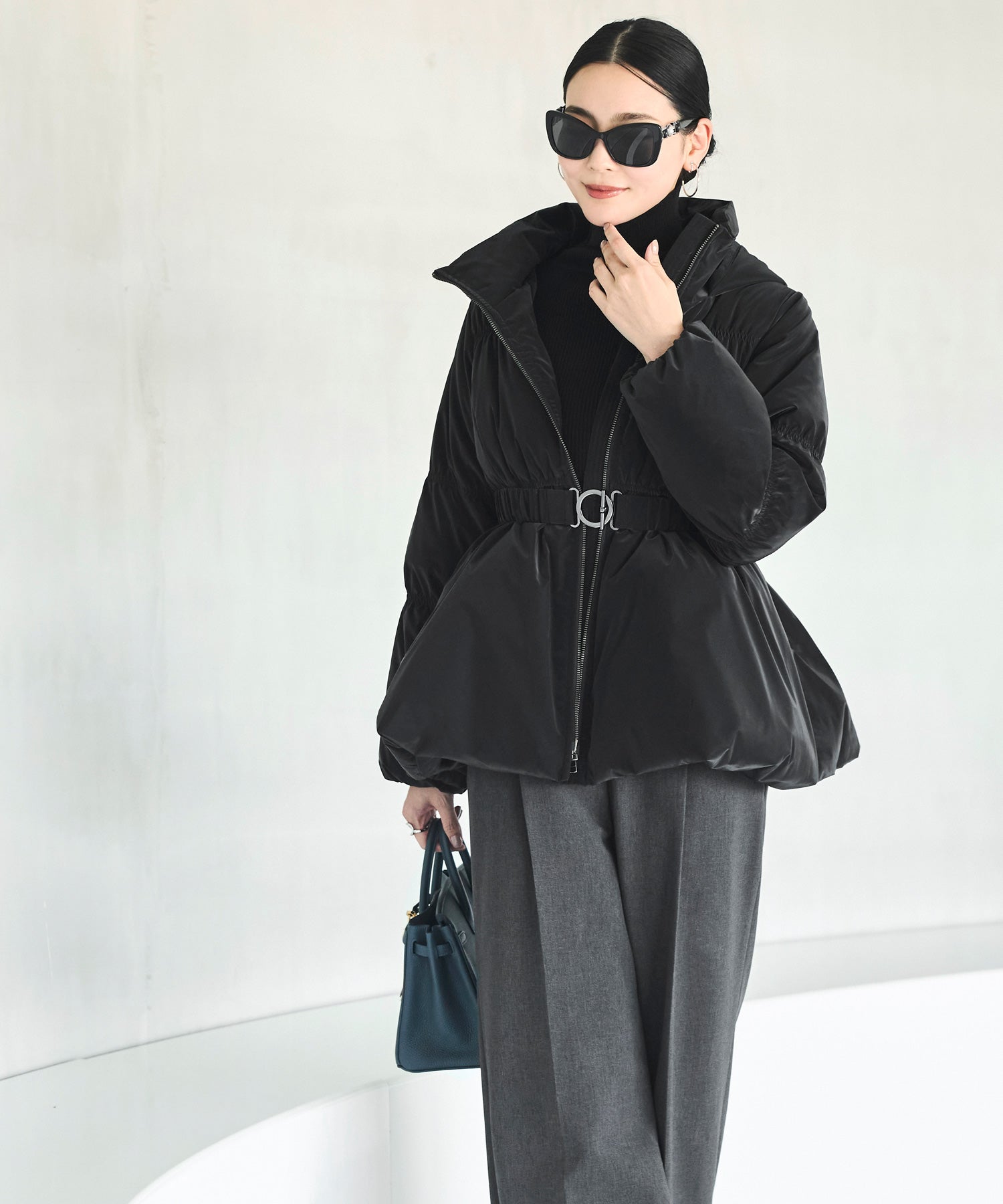 ルイルエブティック RUIRUE BOUTIQUE グロスタフタ×ダウン ｜ 洗える ｜ フーディー ダウンコート ( 共生地 ゴムベルト 付き ) ｜ アウター / コート / ショートダウン （ブラック） ブラック