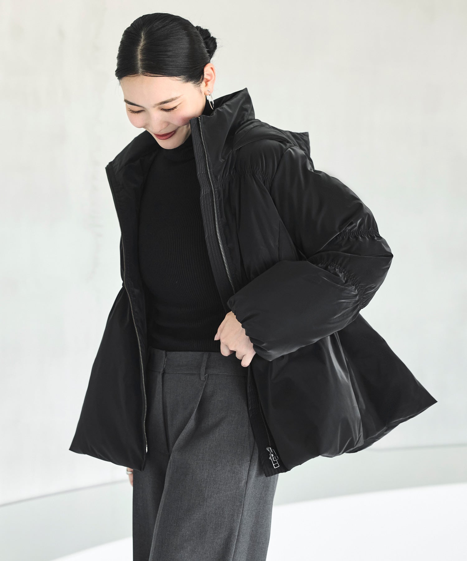 ルイルエブティック RUIRUE BOUTIQUE グロスタフタ×ダウン ｜ 洗える ｜ フーディー ダウンコート ( 共生地 ゴムベルト 付き ) ｜ アウター / コート / ショートダウン （ブラック） ブラック