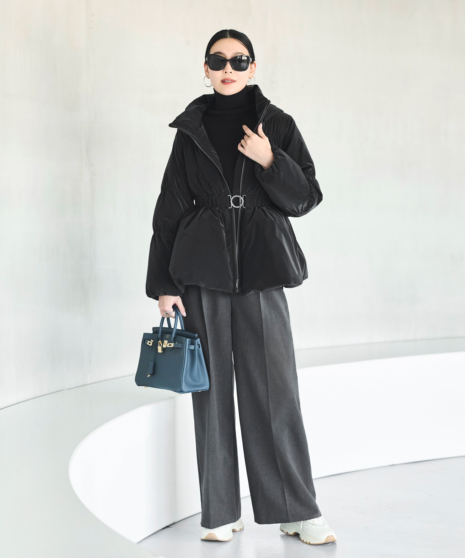 ルイルエブティック RUIRUE BOUTIQUE グロスタフタ×ダウン ｜ 洗える ｜ フーディー ダウンコート ( 共生地 ゴムベルト 付き ) ｜ アウター / コート / ショートダウン （ブラック） ブラック