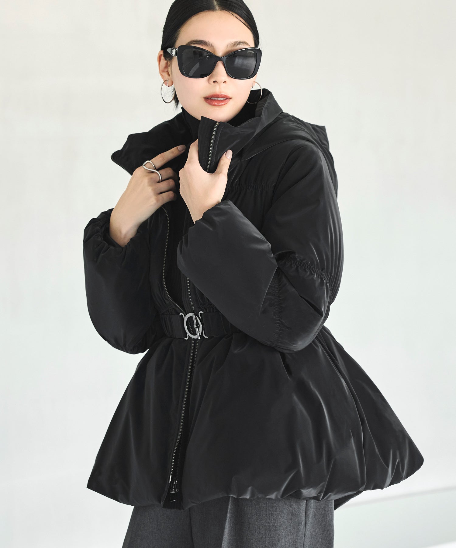 ルイルエブティック RUIRUE BOUTIQUE グロスタフタ×ダウン ｜ 洗える ｜ フーディー ダウンコート ( 共生地 ゴムベルト 付き ) ｜ アウター / コート / ショートダウン （ブラック） ブラック