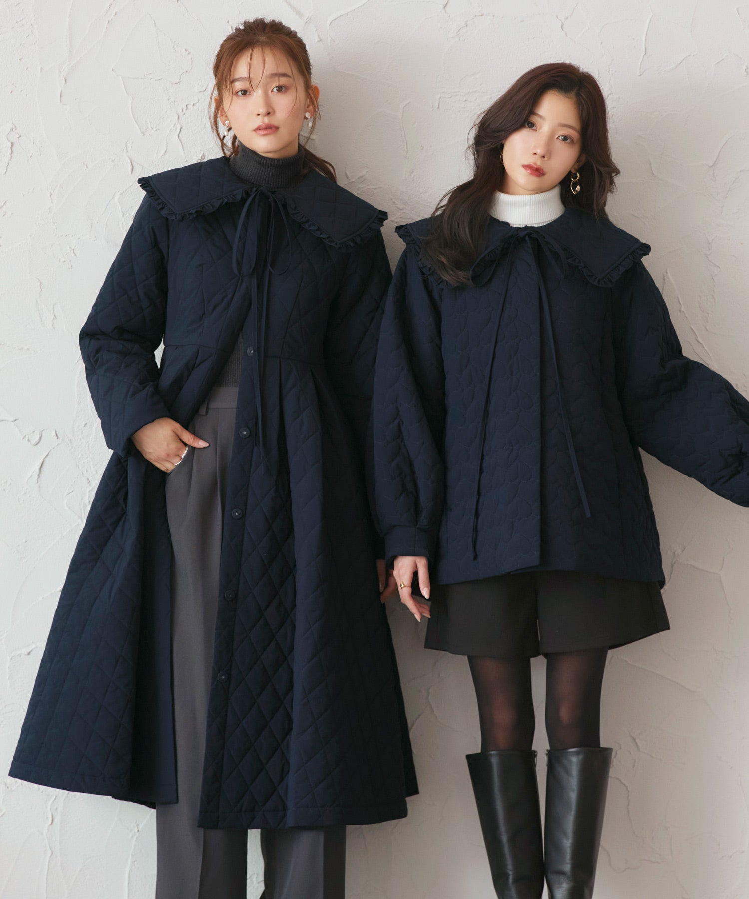 ルイルエブティック RUIRUE BOUTIQUE 襟付き フレア 中綿 キルティングコート ｜ アウター / コート / ロングコート / ノーカラーコート / エコダウン / ビッグカラーコート （ネイビー） ネイビー