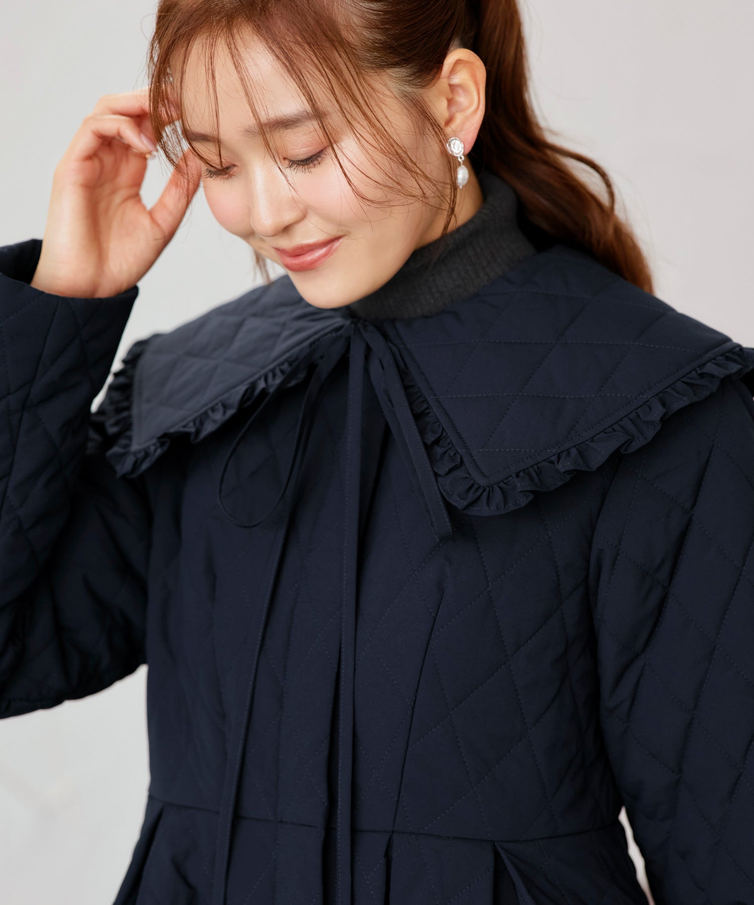 ルイルエブティック RUIRUE BOUTIQUE 襟付き フレア 中綿 キルティングコート ｜ アウター / コート / ロングコート / ノーカラーコート / エコダウン / ビッグカラーコート （ネイビー） ネイビー