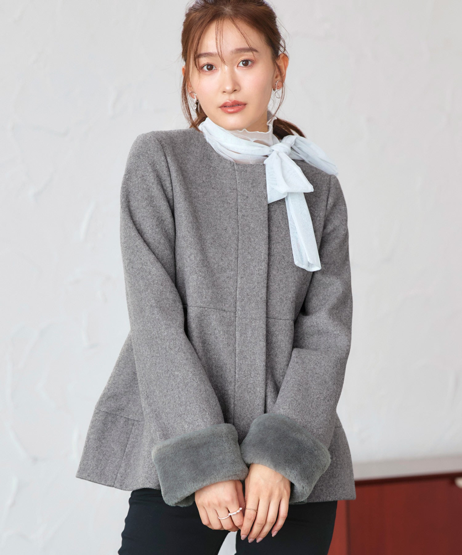 ルイルエブティック RUIRUE BOUTIQUE ニニットメルトン コクーン ペプラム ショートコート ｜ アウター / ウールコート / コート / ショート丈コート / ニットメルトンコート （グレー） グレー